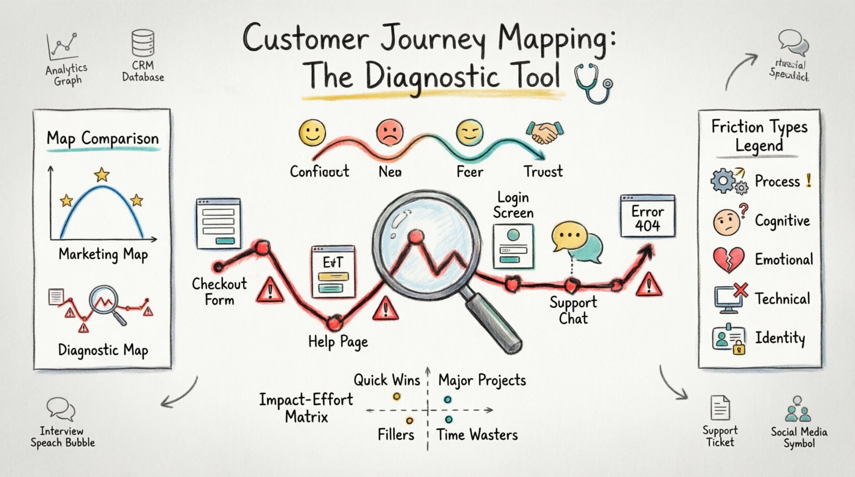 Hand-drawn marker illustration infographic showing customer journey mapping as a diagnostic tool, featuring a jagged journey timeline with highlighted friction points (process, cognitive, emotional, technical, identity), emotional arc graph, marketing vs diagnostic map comparison, impact-effort prioritization matrix, and data source icons for identifying hidden customer experience barriers