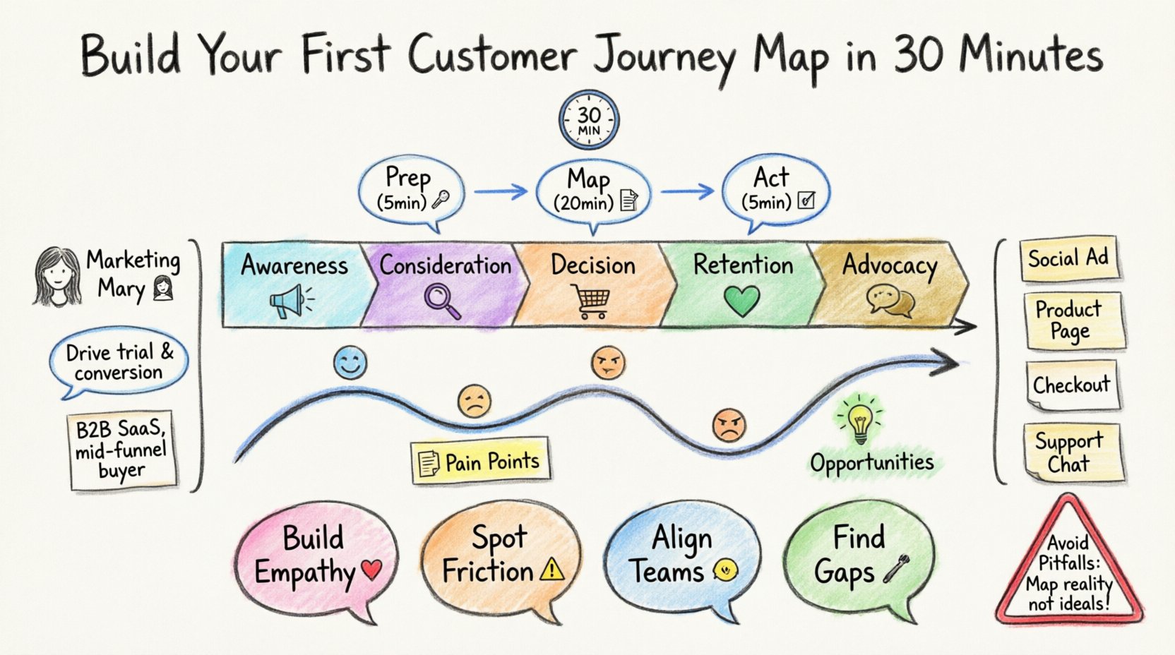 Hand-drawn whiteboard infographic illustrating a 30-minute guide to building a customer journey map, featuring five stages (Awareness, Consideration, Decision, Retention, Advocacy), emotional curve graph, color-coded sticky notes for pain points and opportunities, persona card, touchpoint examples, and key benefits using marker-style illustrations on 16:9 layout