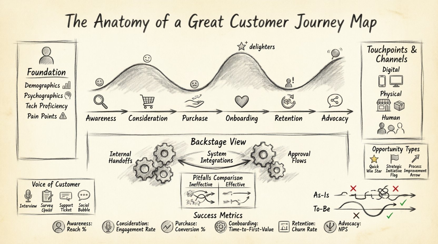 Charcoal sketch infographic illustrating the anatomy of an effective customer journey map, featuring persona definition, six journey stages from awareness to advocacy, emotional curve with peaks and valleys, touchpoints across digital physical and human channels, backstage internal processes, voice of customer data sources, common pitfalls comparison table, As-Is vs To-Be state visualization, and actionable KPI metrics for customer experience strategy