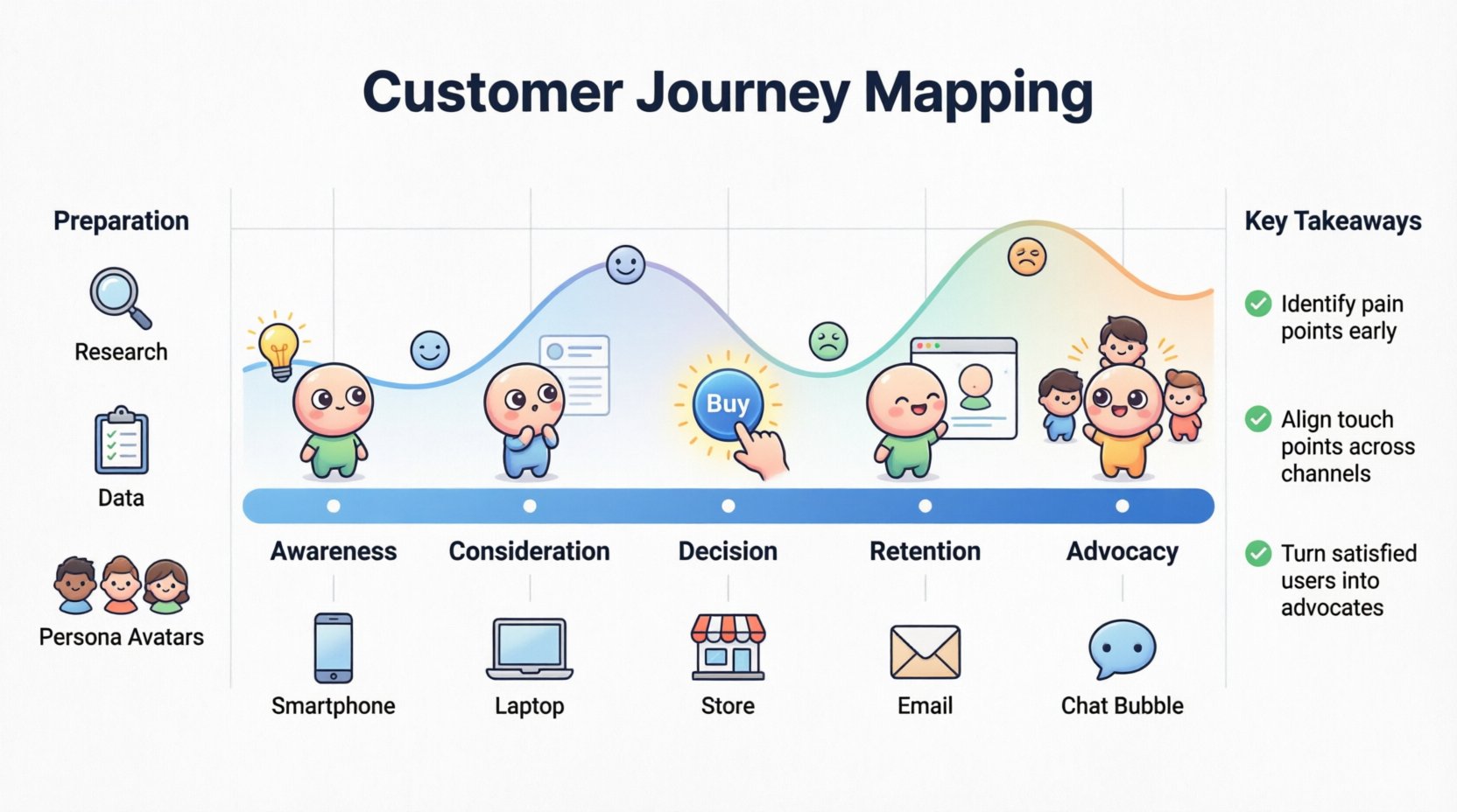 Chibi-style infographic illustrating the customer journey mapping process: five stages (Awareness, Consideration, Decision, Retention, Advocacy) shown with cute character illustrations, an emotional curve tracking customer feelings, touchpoint icons across digital and physical channels, preparation steps including data gathering and persona development, and key takeaways for creating clear, empathetic customer experience visualizations