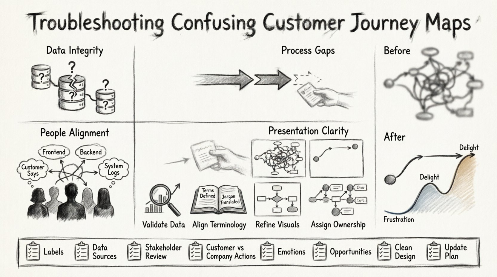 Charcoal contour sketch infographic illustrating how to troubleshoot confusing customer journey maps: displays four root causes (data integrity issues, process gaps, people misalignment, presentation clutter), a four-step troubleshooting protocol (validate data, align terminology, refine visuals, assign ownership), before/after comparison of cluttered vs. clean journey maps with emotional curve, and a review checklist - all rendered in hand-drawn charcoal style with contour lines and minimal shading for intuitive visual comprehension