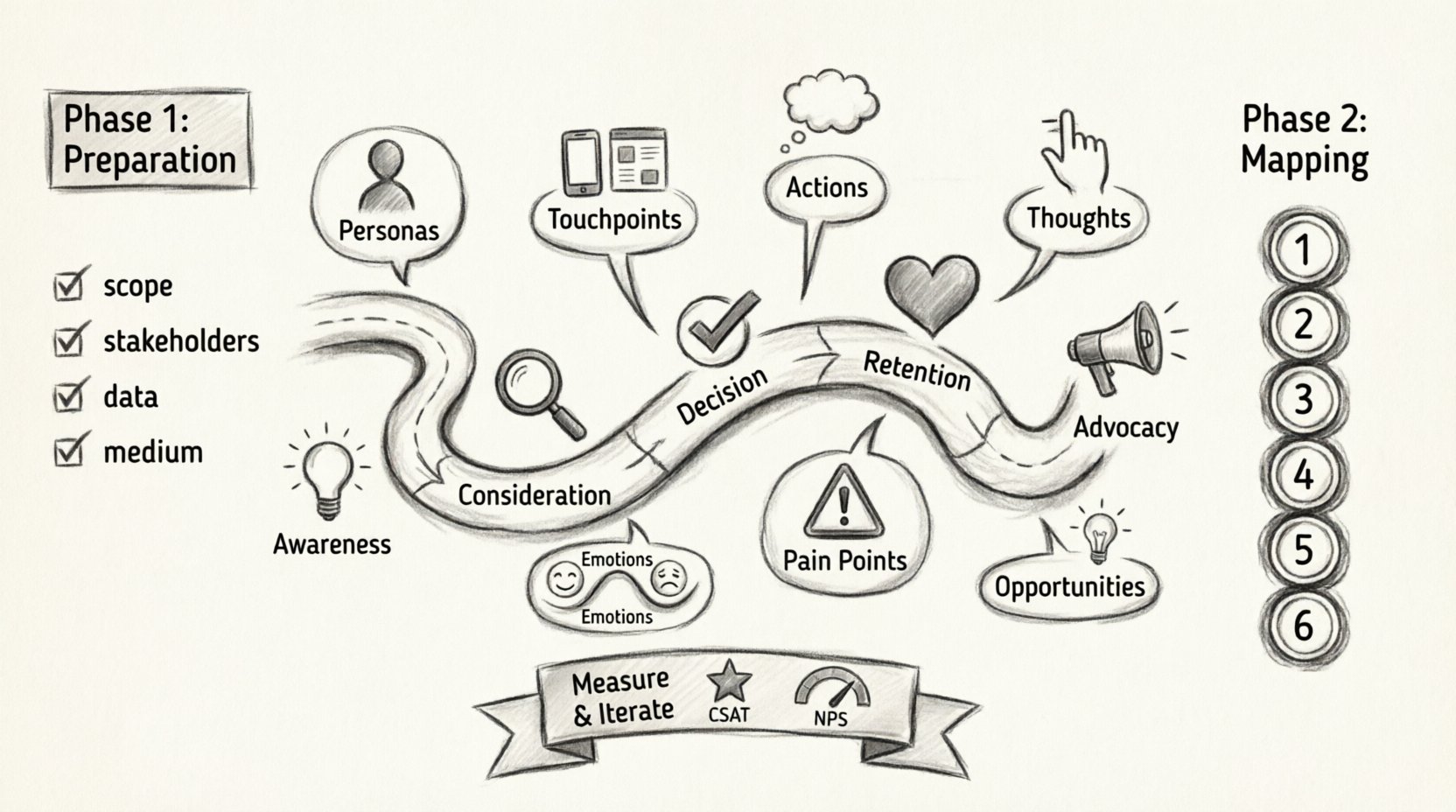 Charcoal sketch infographic illustrating a beginner's step-by-step customer journey mapping process, showing 6 stages from awareness to advocacy, core components like personas and touchpoints, emotion curve with pain points and opportunities, plus preparation phase and measurement KPIs in a hand-drawn contour style