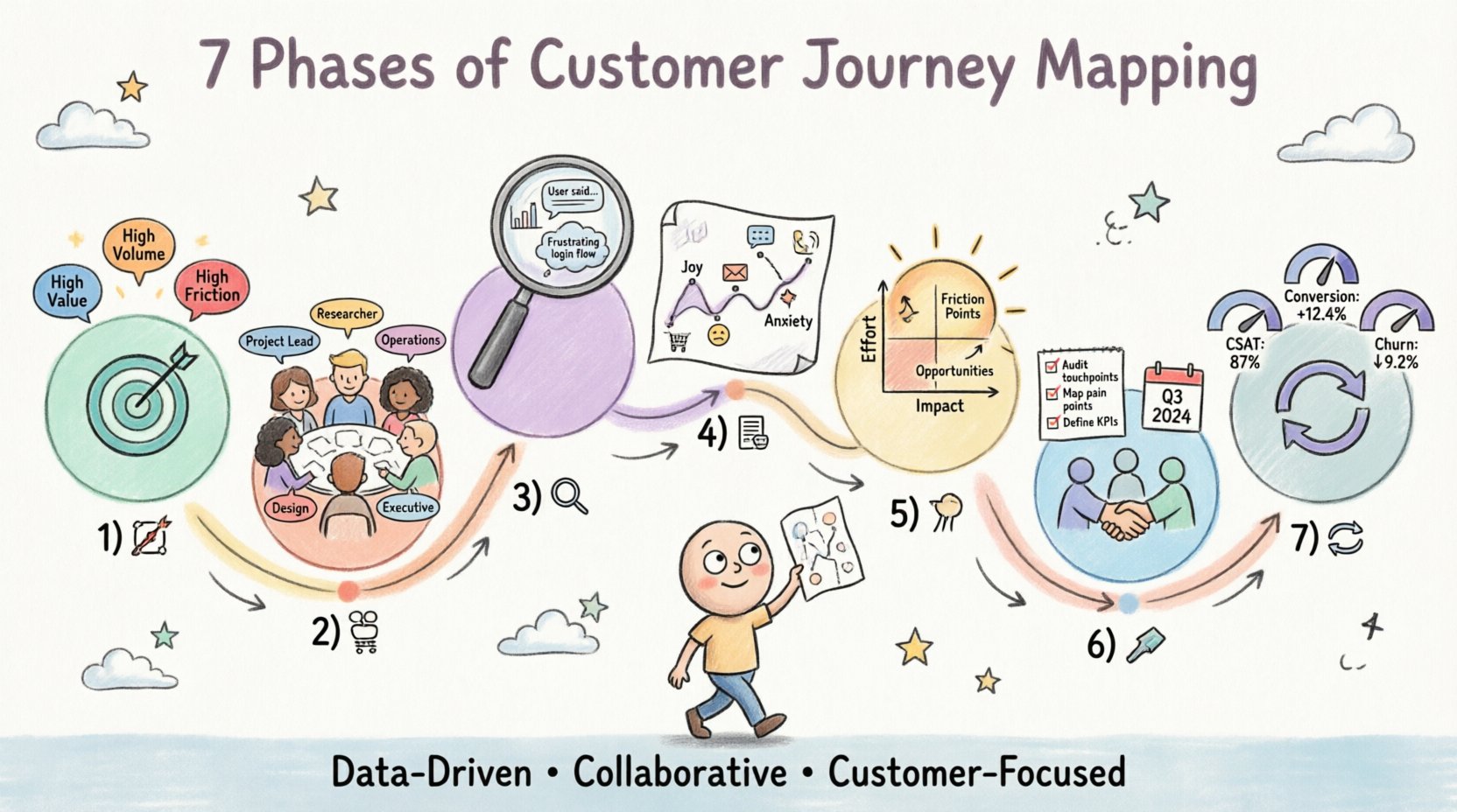 Whimsical infographic illustrating the 7-phase customer journey mapping process: defining scope and persona objectives, assembling cross-functional teams, collecting quantitative and qualitative research data, drafting journey maps with emotional curves and touchpoints, identifying friction points and opportunities, creating implementation roadmaps with action items, and monitoring metrics for iteration—presented as a playful winding path with illustrated characters, icons, and soft pastel hand-drawn style for UX strategy and customer experience planning