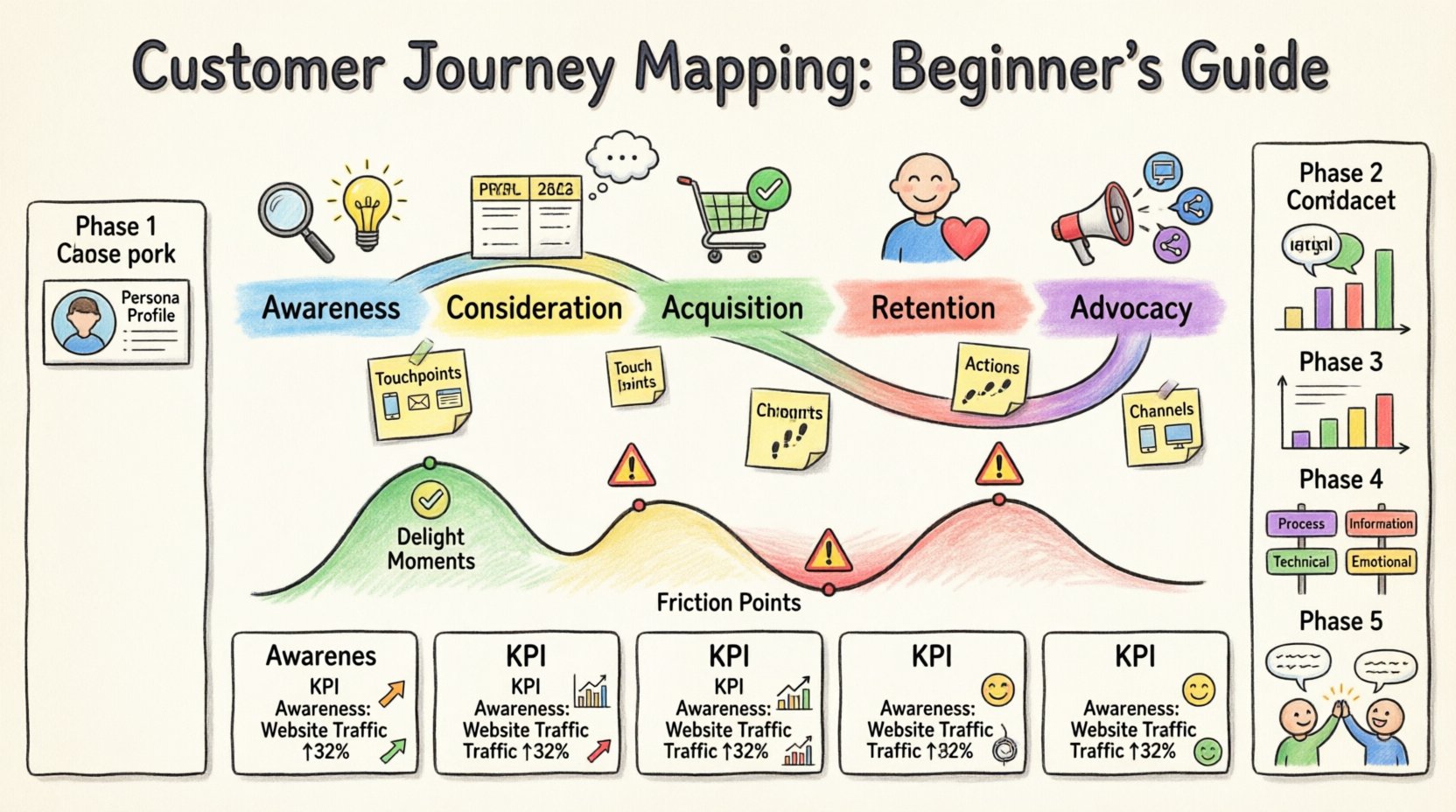 Cartoon infographic illustrating the 5-phase customer journey mapping process for beginners: Awareness, Consideration, Acquisition, Retention, and Advocacy stages with touchpoints, emotion tracking wave, friction point indicators, data gathering methods, validation steps, and KPIs for measuring impact