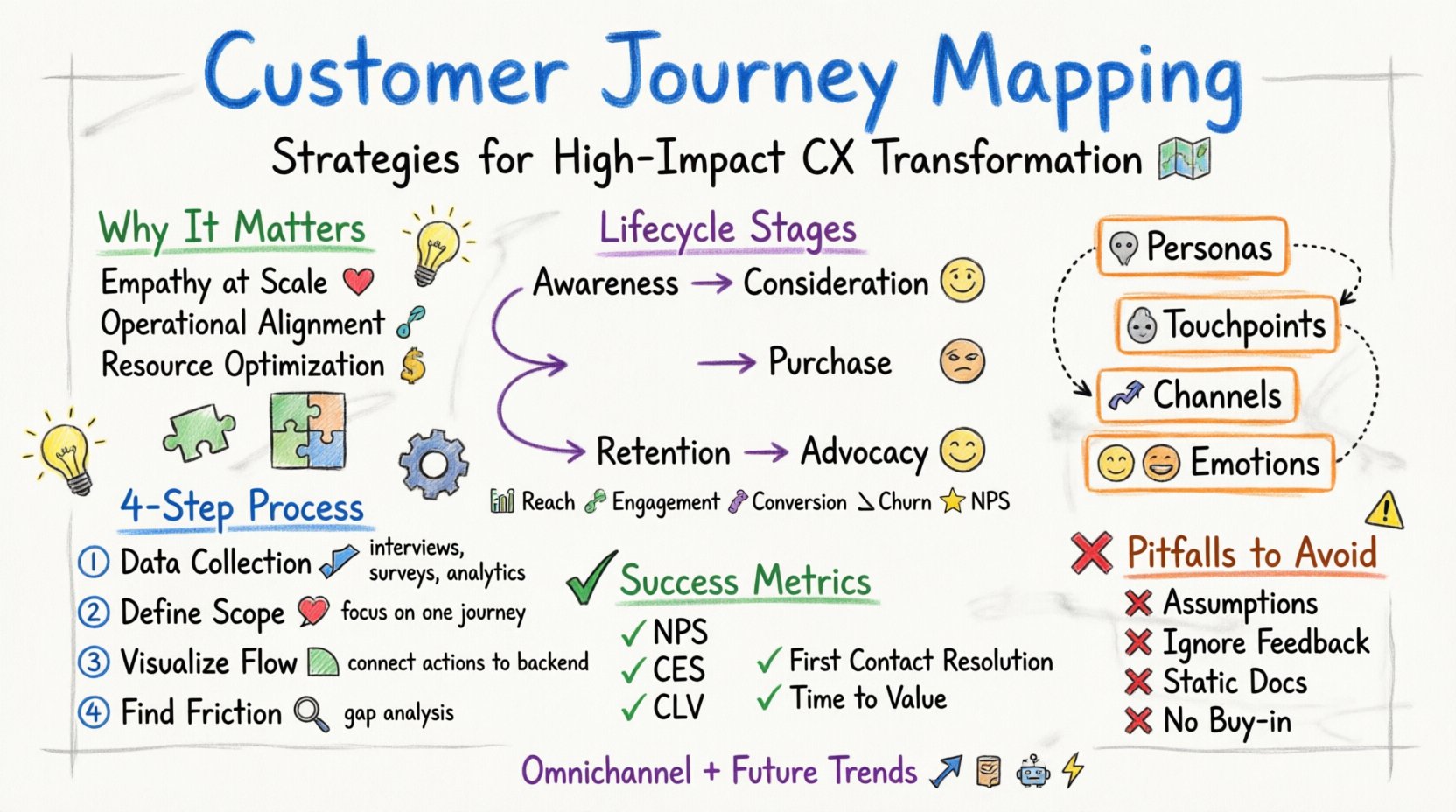 Hand-drawn whiteboard infographic on Customer Journey Mapping showing 5-stage lifecycle (Awareness→Consideration→Purchase→Retention→Advocacy), core components (personas, touchpoints, channels, emotions), 4-step mapping process, success metrics (NPS, CES, CLV), common pitfalls, and future CX trends, color-coded with marker-style visuals for intuitive CX strategy understanding
