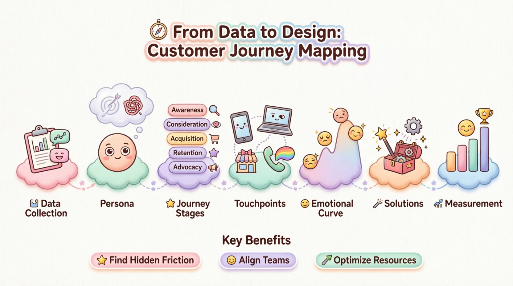 Kawaii cute vector infographic illustrating the 7-phase customer journey mapping process: data collection, persona definition, journey stages (awareness to advocacy), touchpoint mapping, emotional curve analysis, solution design, and measurement—with pastel colors, rounded icons, and visual flow showing how businesses transform data into customer-centric design