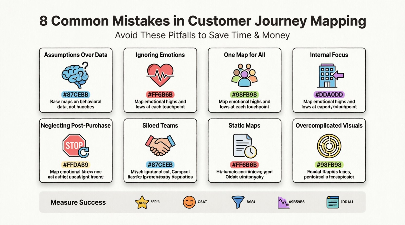 Infographic showing 8 common customer journey mapping mistakes: relying on assumptions instead of data, ignoring emotional landscape, one-size-fits-all mapping, internal process focus, neglecting post-purchase phase, lack of cross-functional collaboration, treating maps as static documents, and overcomplicated visuals - featuring simple black-outline icons with pastel accents, rounded shapes, and actionable fixes to help teams save time, reduce costs, and improve customer experience
