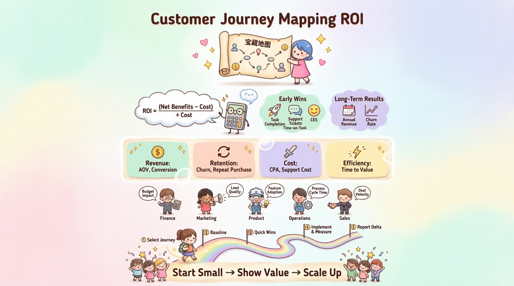 Kawaii-style infographic illustrating Customer Journey Mapping ROI strategies: shows ROI formula, leading vs lagging indicators, key business metrics (revenue, retention, cost, efficiency), department alignment tips, and 5-step implementation roadmap with cute chibi characters and pastel design to help stakeholders visualize CX value and secure buy-in