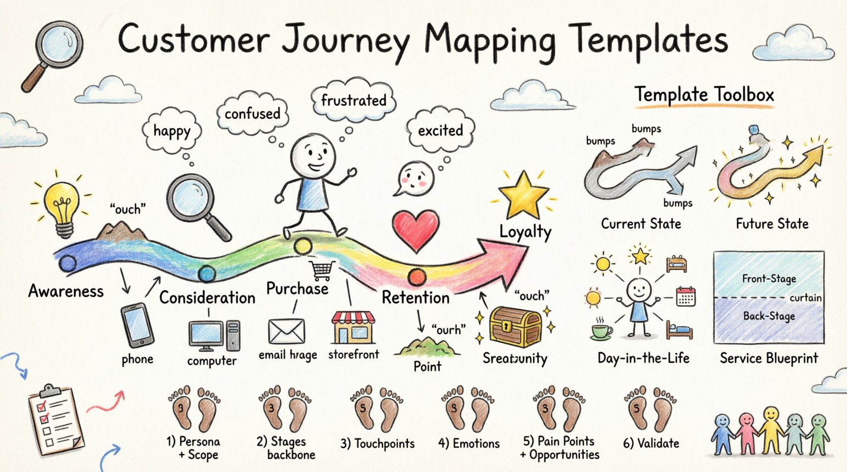 Child-style hand-drawn infographic illustrating customer journey mapping templates for new strategists, featuring a colorful winding path with awareness to loyalty stages, persona character, touchpoint icons, emotion faces, pain point obstacles, opportunity stars, and four template types: Current State, Future State, Day-in-the-Life, and Service Blueprint