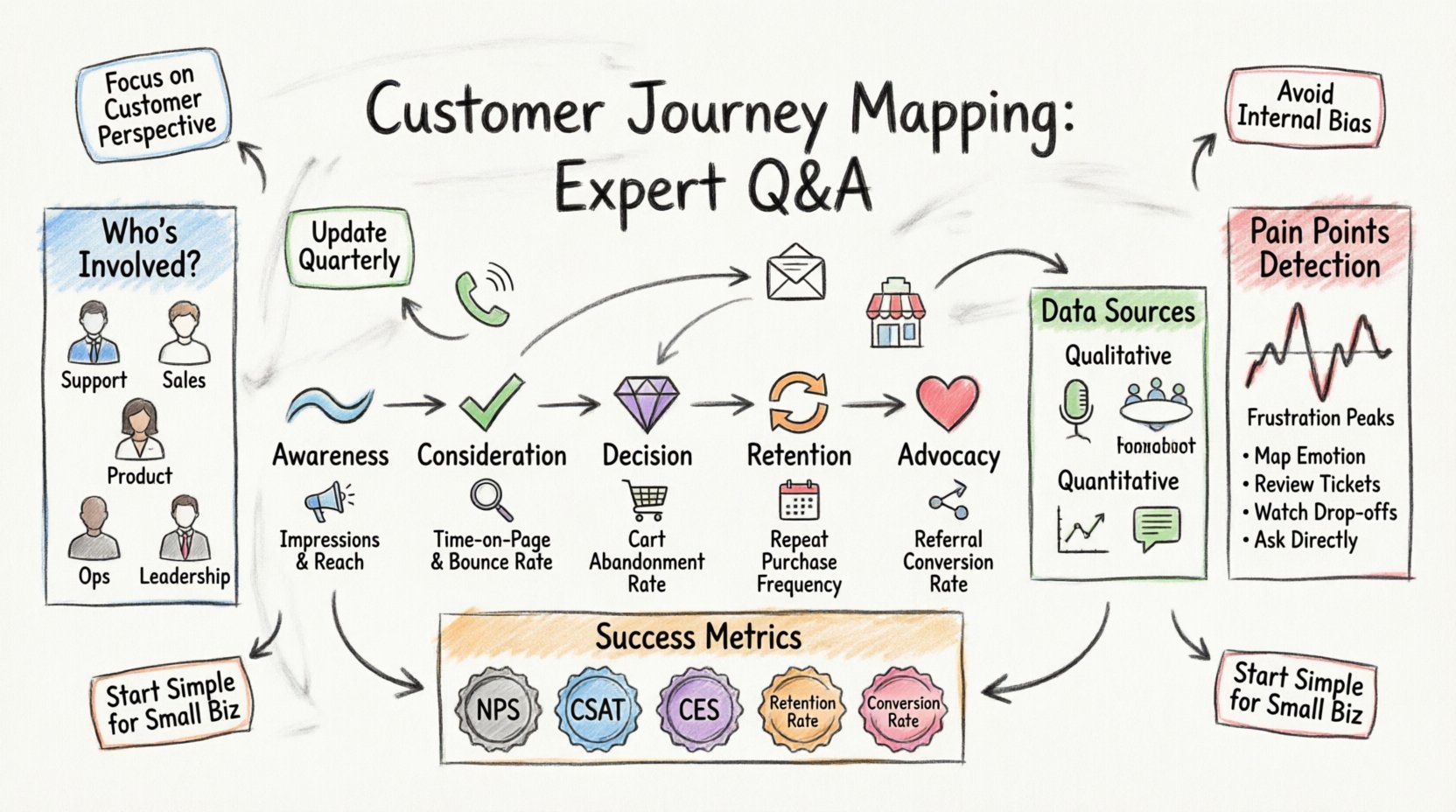 Hand-drawn whiteboard infographic illustrating customer journey mapping essentials: 5-stage journey flow (Awareness to Advocacy), cross-functional team roles, qualitative and quantitative data sources, pain point identification methods, key success metrics (NPS, CSAT, CES), and actionable best practices for businesses of all sizes
