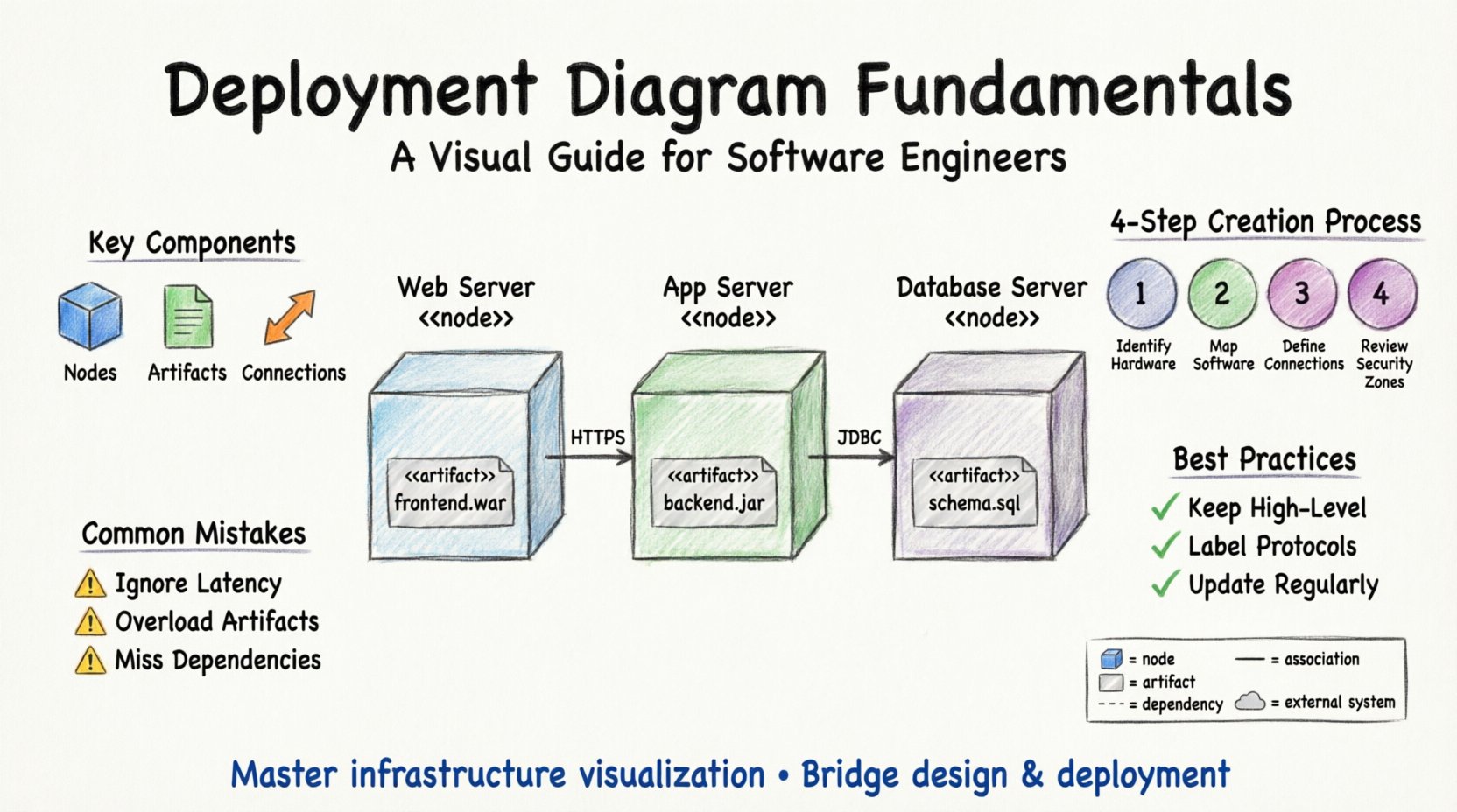 Marker illustration infographic explaining deployment diagram fundamentals for software engineers, featuring UML nodes as 3D boxes, software artifacts as labeled rectangles, network connections with protocol annotations, plus visual sections covering key objectives, four-step creation process, best practices checklist, and common mistakes to avoid in a clean 16:9 educational layout