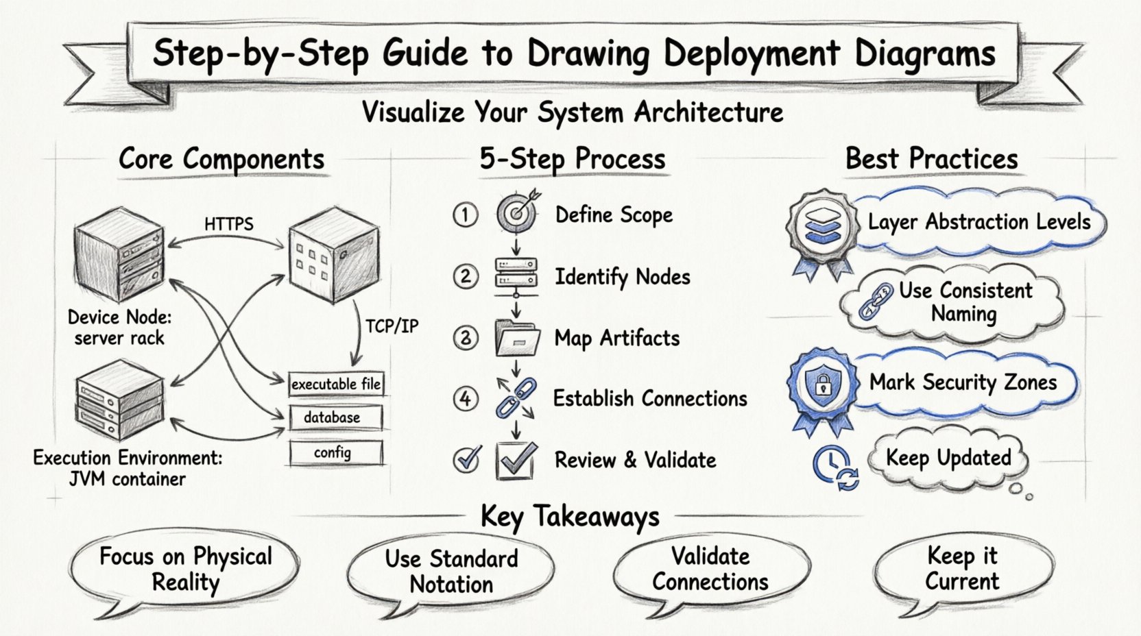 Sketch-style infographic illustrating a step-by-step guide to drawing UML deployment diagrams, showing core components like nodes and artifacts, a 5-step creation process, best practices for clarity, and key takeaways for software architecture visualization