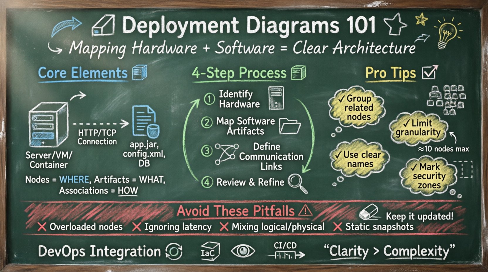 Chalkboard-style educational infographic explaining deployment diagrams for system architecture visualization, featuring hand-drawn elements showing core components (nodes, artifacts, associations), a 4-step creation process (identify hardware, map software, define communication, review), pro tips for clarity, common pitfalls to avoid, and DevOps integration notes, designed with teacher-friendly handwritten chalk aesthetic on dark background in 16:9 format