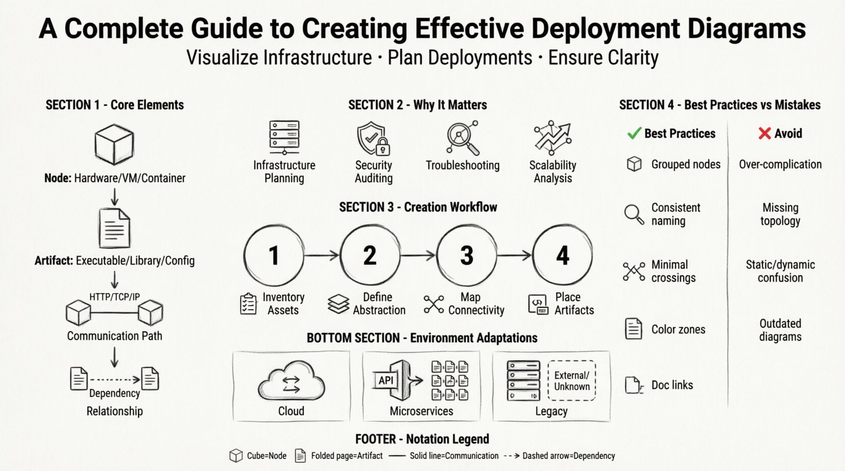 Line art infographic: Complete Guide to Creating Effective Deployment Diagrams. Visual breakdown of core elements (Nodes, Artifacts, Communication Paths, Relationships), four key benefits (Infrastructure Planning, Security Auditing, Troubleshooting, Scalability Analysis), step-by-step creation workflow (Inventory Assets → Define Abstraction → Map Connectivity → Place Artifacts), best practices checklist versus common mistakes to avoid, environment adaptations for Cloud/Microservices/Legacy systems, and notation legend. Clean black-and-white technical illustration in 16:9 format for software architecture documentation.