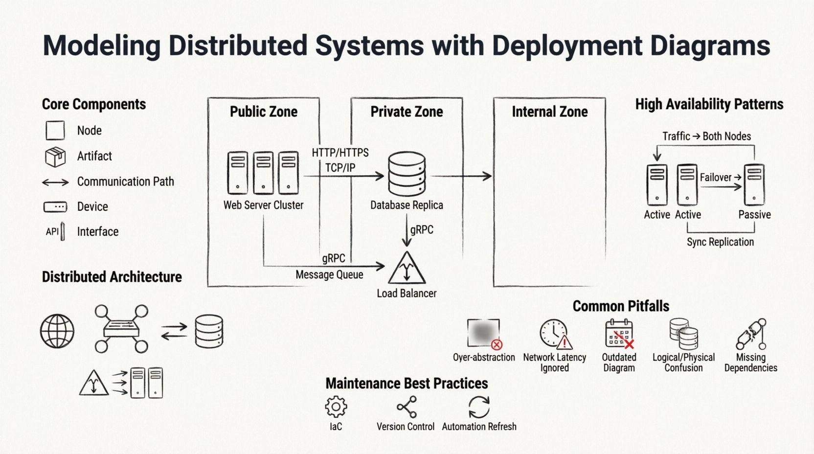 Line art infographic illustrating deployment diagrams for distributed systems: shows UML nodes, artifacts, communication paths, geographic zones, protocols (HTTP/TCP/gRPC), high availability patterns (active-active/passive clusters), common modeling pitfalls, and maintenance best practices for infrastructure architecture