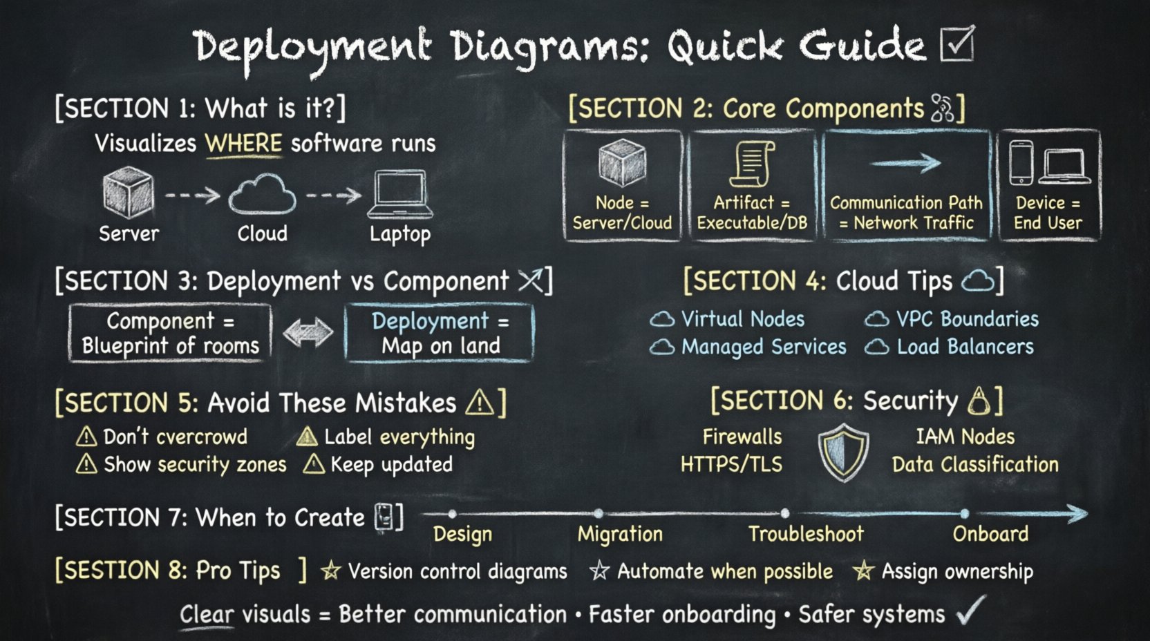 Chalkboard-style infographic explaining deployment diagrams: visual guide covering core components (nodes, artifacts, communication paths, devices), deployment vs component diagrams comparison, cloud environment modeling, common mistakes to avoid, security best practices, optimal timing for creation, update management strategies, scaling benefits, and CI/CD pipeline integration - designed with hand-written teacher aesthetic for intuitive learning