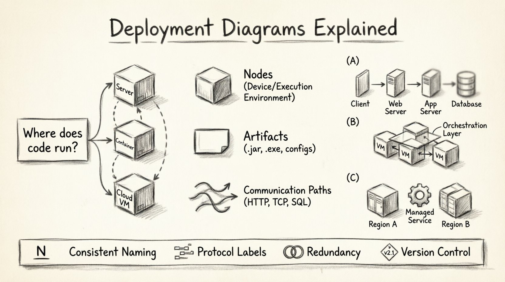 Charcoal sketch infographic explaining UML Deployment Diagrams: shows nodes (servers, containers), artifacts (executables, configs), and communication paths; illustrates 3-tier web app, microservices, and cloud-native deployment scenarios; includes best practices for infrastructure planning, security boundaries, and DevOps integration; hand-drawn contour style with technical annotations