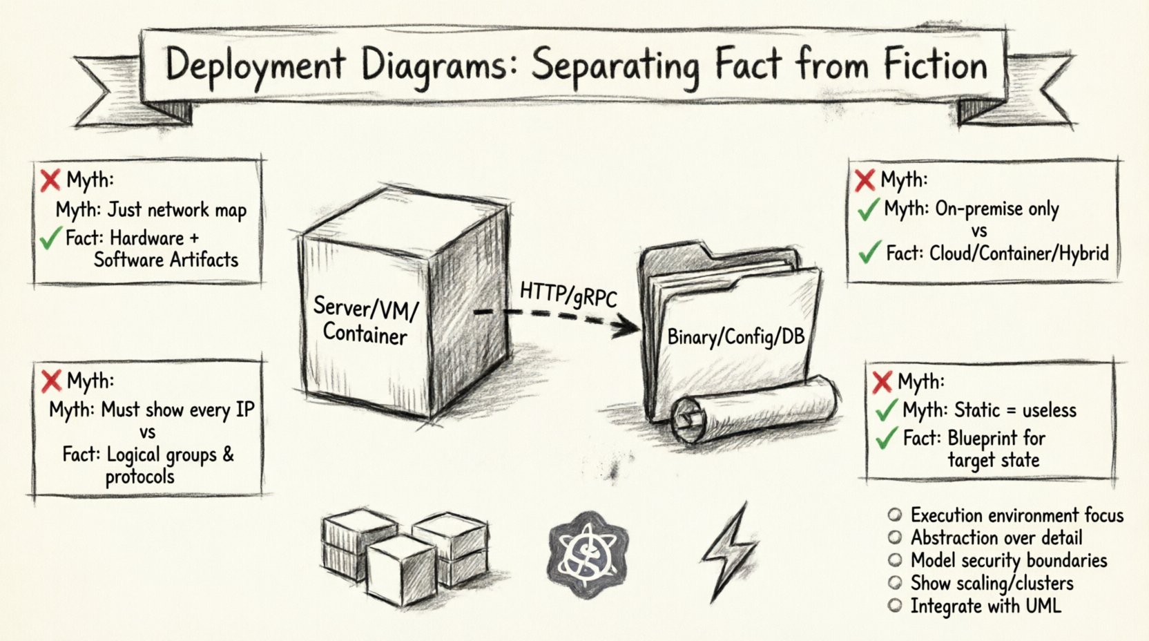 Charcoal contour sketch infographic: Myth-busting deployment diagrams showing fact vs fiction comparisons. Central anatomy illustrates nodes (servers/VMs/containers), artifacts (binaries/configs/databases), and communication paths (HTTP/gRPC). Four myth-busting panels debunk common misconceptions: not just network topology, relevant for cloud environments, abstraction over excessive detail, static diagrams represent target state. Cloud-era adaptations show containers, orchestrators, and serverless functions. Key takeaways highlight execution environment focus, security boundaries, scaling representation, and UML integration. Professional hand-drawn technical illustration style with monochrome shading and clear visual hierarchy.
