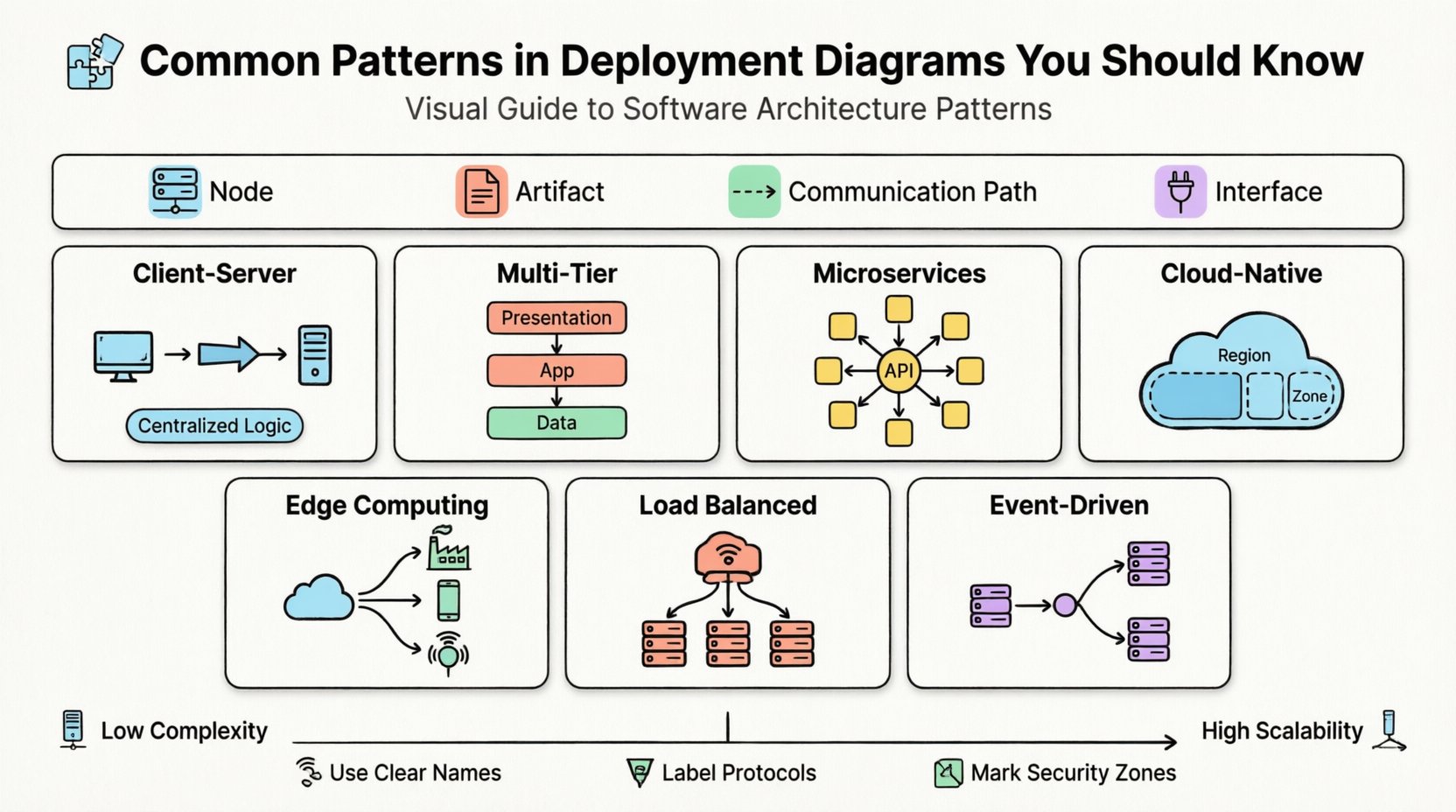 Infographic showing 7 common deployment diagram patterns in software architecture: Client-Server, Multi-Tier, Microservices, Cloud-Native, Edge Computing, Load Balanced Cluster, and Event-Driven Architecture, with flat design icons, pastel colors, and key characteristics for each pattern