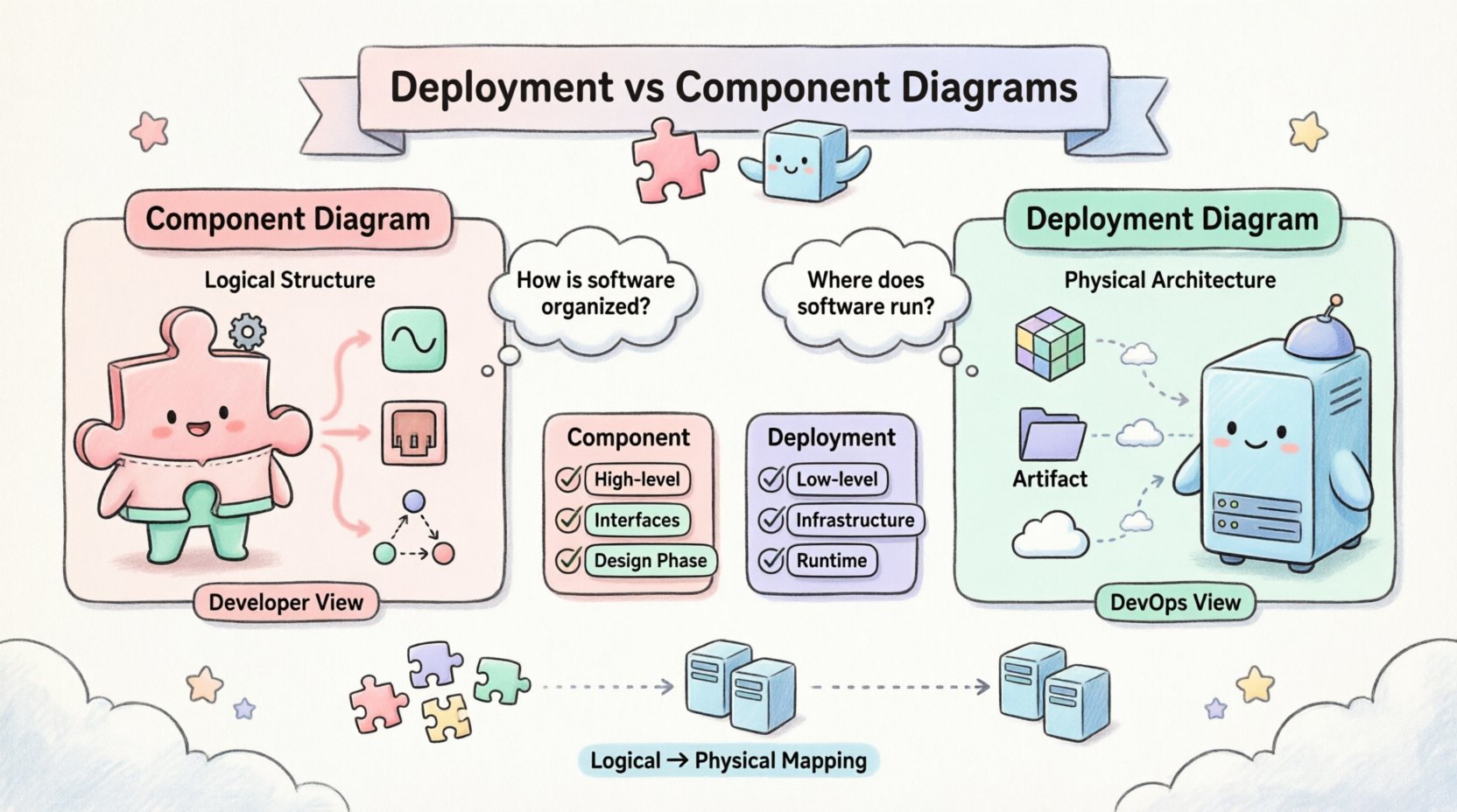 Kawaii-style infographic comparing UML Deployment Diagrams and Component Diagrams in pastel vector art. Left side shows Component Diagram with puzzle piece mascot representing logical structure, interfaces, and developer-focused design. Right side shows Deployment Diagram with cute server character representing physical infrastructure, nodes, and DevOps runtime. Center features comparison badges highlighting key differences: abstraction level, focus areas, and use cases. Bottom illustrates logical-to-physical mapping with arrows connecting software components to hardware nodes. Educational visual guide for software architects and engineers, rendered in soft pink, mint, lavender, and butter yellow with rounded shapes and friendly aesthetic.