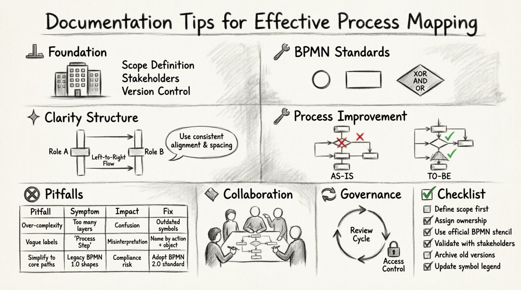 Charcoal sketch infographic summarizing documentation best practices for effective BPMN process mapping, featuring scope definition, standard symbols, swimlanes, collaboration workflows, common pitfalls, and governance checklist