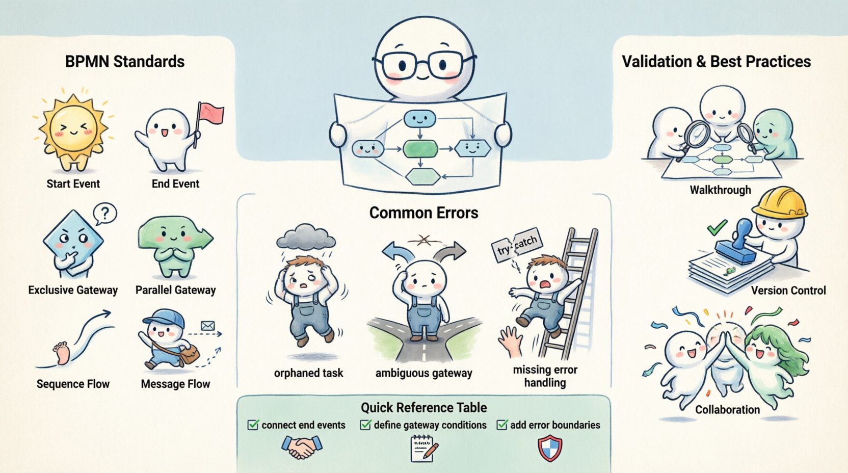 Chibi-style infographic summarizing best practices for ensuring accuracy in BPMN business process models, featuring cute illustrations of BPMN standards (events, gateways, sequence flows), common modeling errors (orphaned tasks, ambiguous logic, missing error handling), validation techniques (walkthroughs, simulation), governance practices (version control, audit trails), and a quick-reference correction table for operational integrity and compliance