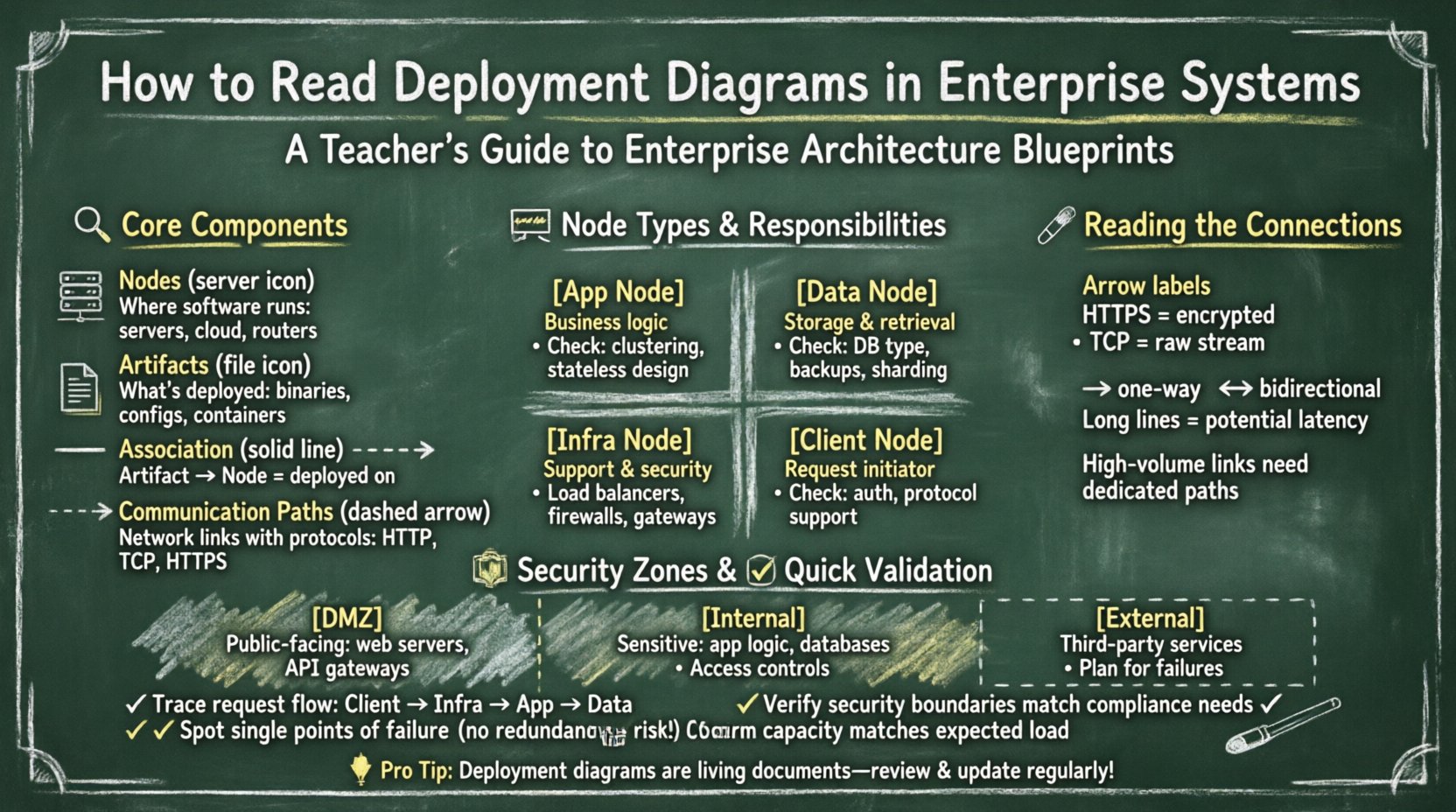 Chalkboard-style educational infographic teaching how to interpret deployment diagrams in enterprise systems, featuring hand-drawn illustrations of core components (nodes, artifacts, associations, communication paths), node type responsibilities (application, data, infrastructure, client), security zone boundaries (DMZ, internal network, external dependencies), connection analysis tips (protocols, directionality, latency), and a step-by-step validation checklist for enterprise architecture planning