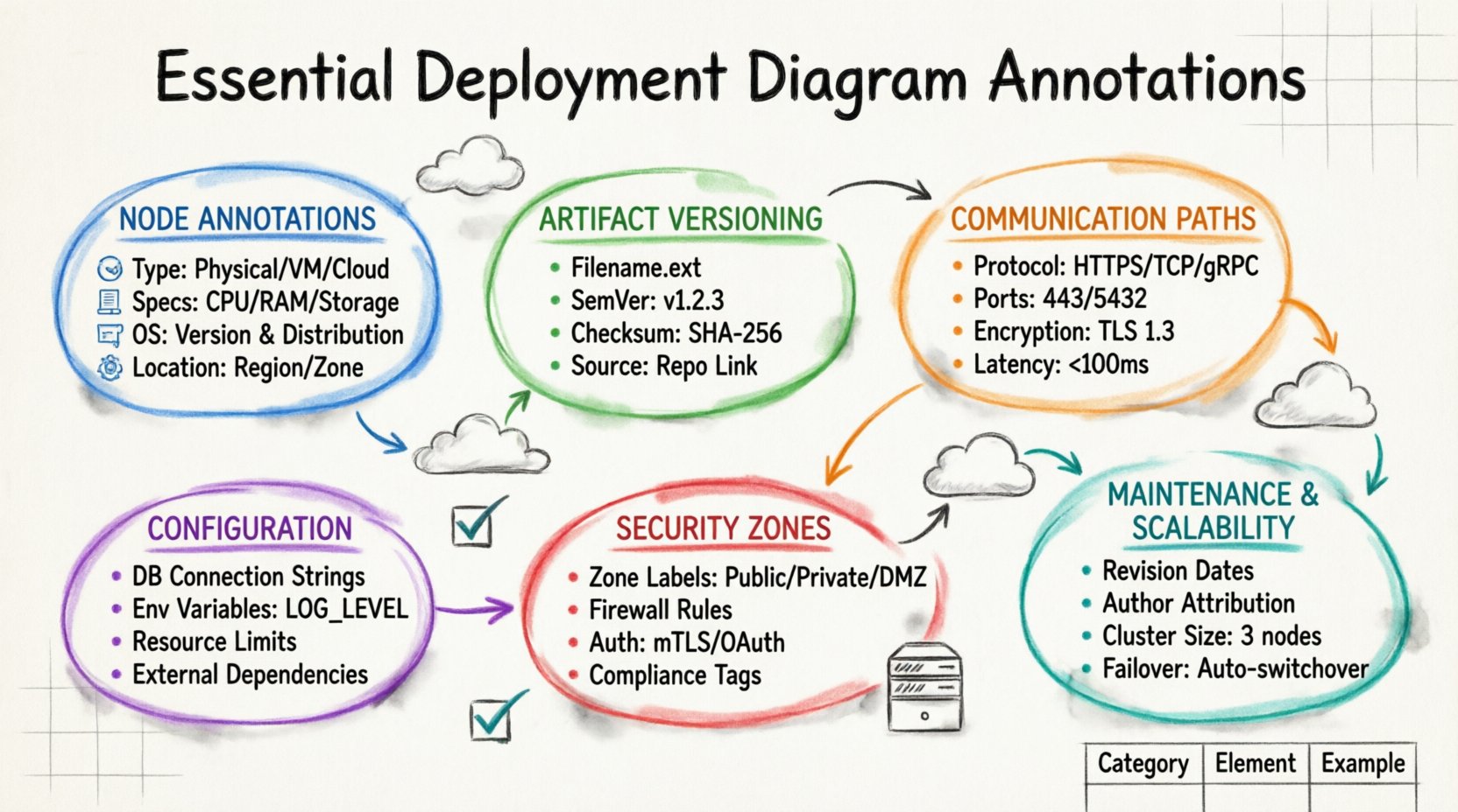 Hand-drawn whiteboard infographic illustrating six essential annotation categories for software deployment diagrams: node specifications (type, hardware, OS, location), artifact versioning (filename, semantic version, checksum, repository), communication protocols (HTTPS/TCP ports, encryption), configuration parameters (environment variables, resource limits), security zones (DMZ, firewall rules, authentication), and maintenance practices (revision tracking, scalability, failover strategies) - designed to help DevOps teams create clear, actionable infrastructure documentation