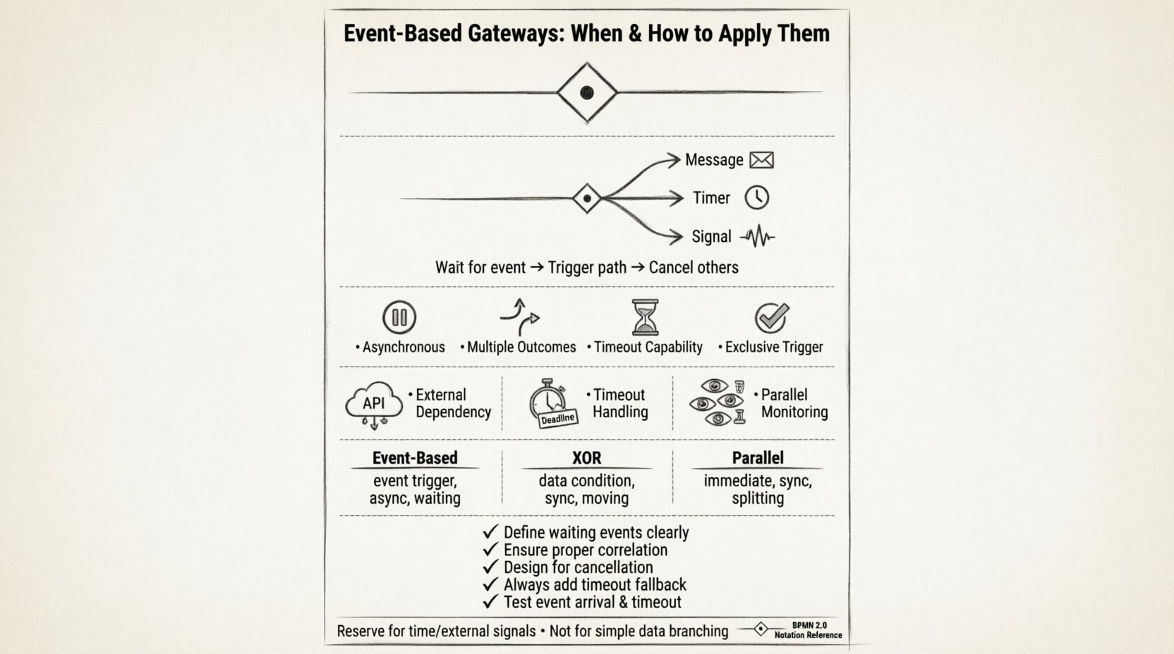 Line art infographic summarizing Event-Based Gateways in BPMN: core concept of event-triggered process flow, key characteristics (asynchronous, exclusive triggering, timeout capability), common use cases (external dependencies, timeout handling, parallel monitoring), comparison with XOR and Parallel gateways, implementation checklist, and best practices for resilient workflow design