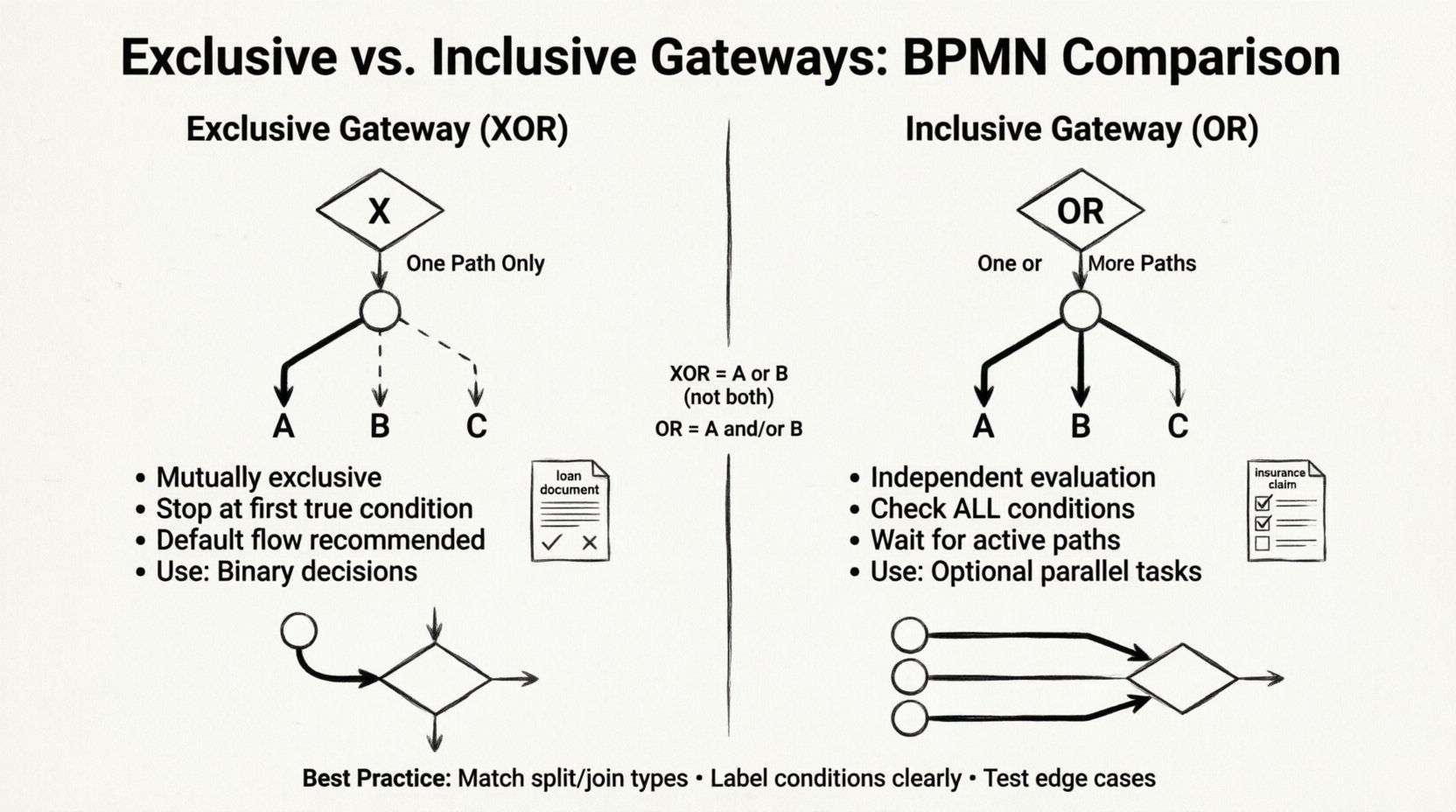 Line art infographic comparing BPMN Exclusive (XOR) and Inclusive (OR) gateways: shows diamond symbols with X and OR markers, token flow diagrams illustrating single-path versus multi-path execution, condition evaluation logic, common use cases like loan approval and insurance claims, and best practices for business process modeling
