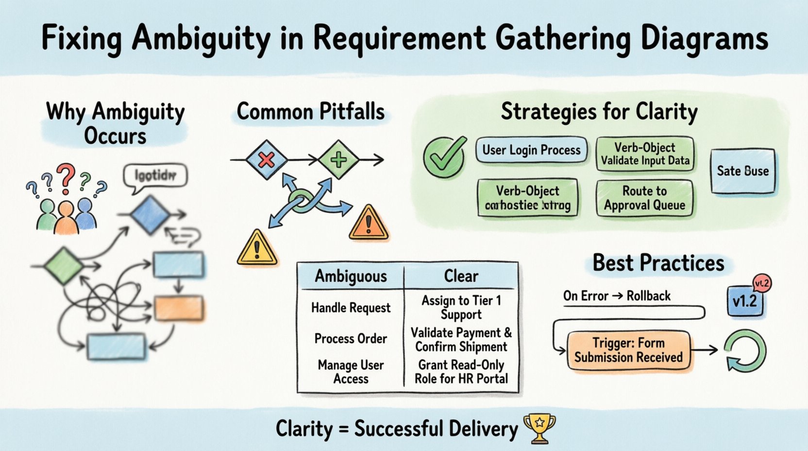 Cartoon-style infographic summarizing best practices for fixing ambiguity in BPMN requirement gathering diagrams, covering common pitfalls like gateway confusion and inconsistent naming, strategies for clarity including standardized naming conventions and explicit business rules, validation techniques, and a comparison of ambiguous versus clear modeling approaches for business process documentation