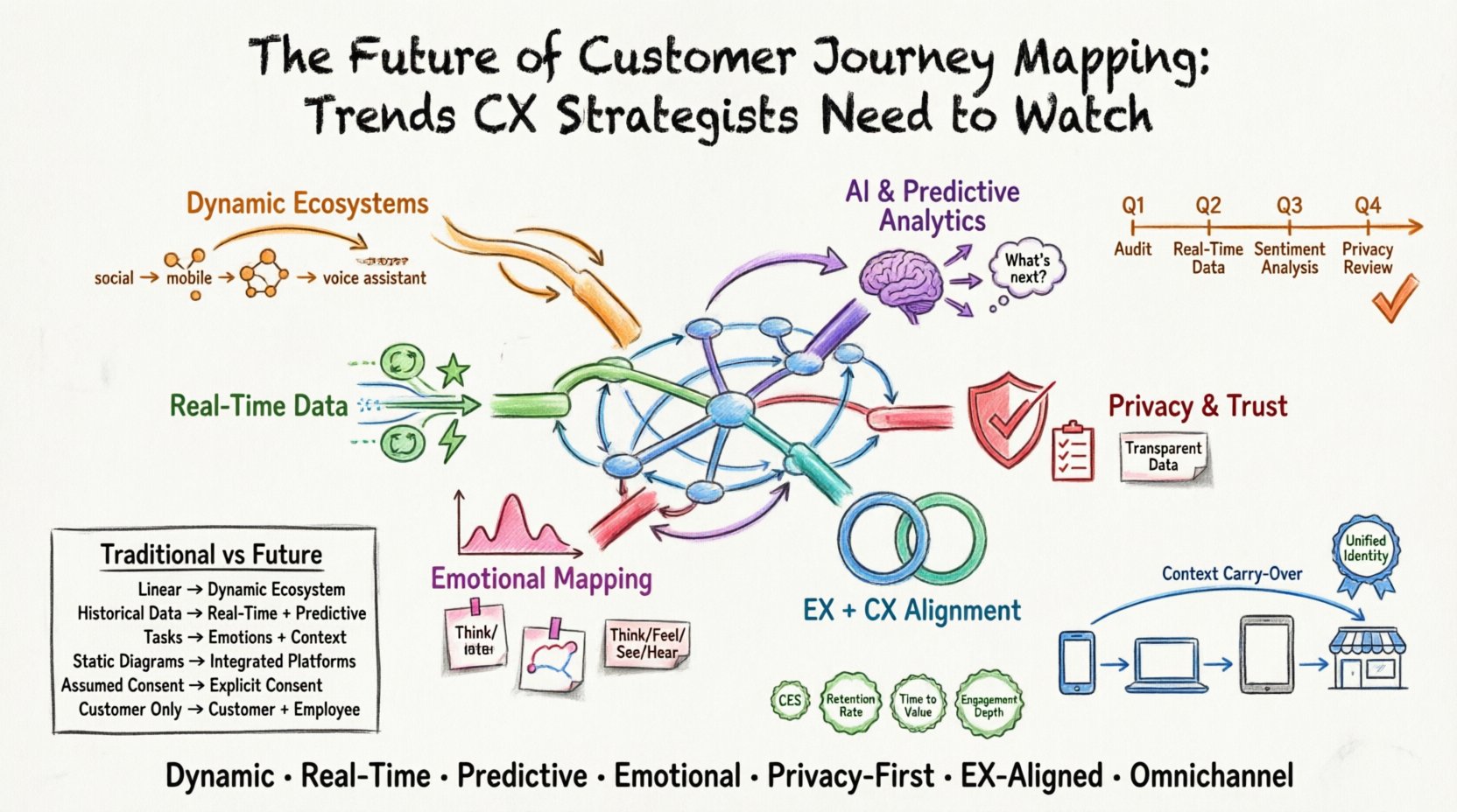 Hand-drawn whiteboard infographic illustrating 7 key trends in modern customer journey mapping: dynamic ecosystems, real-time data, AI predictions, emotional intelligence, privacy-first design, employee experience integration, and omnichannel continuity, with comparison table and 12-month implementation roadmap for CX strategists