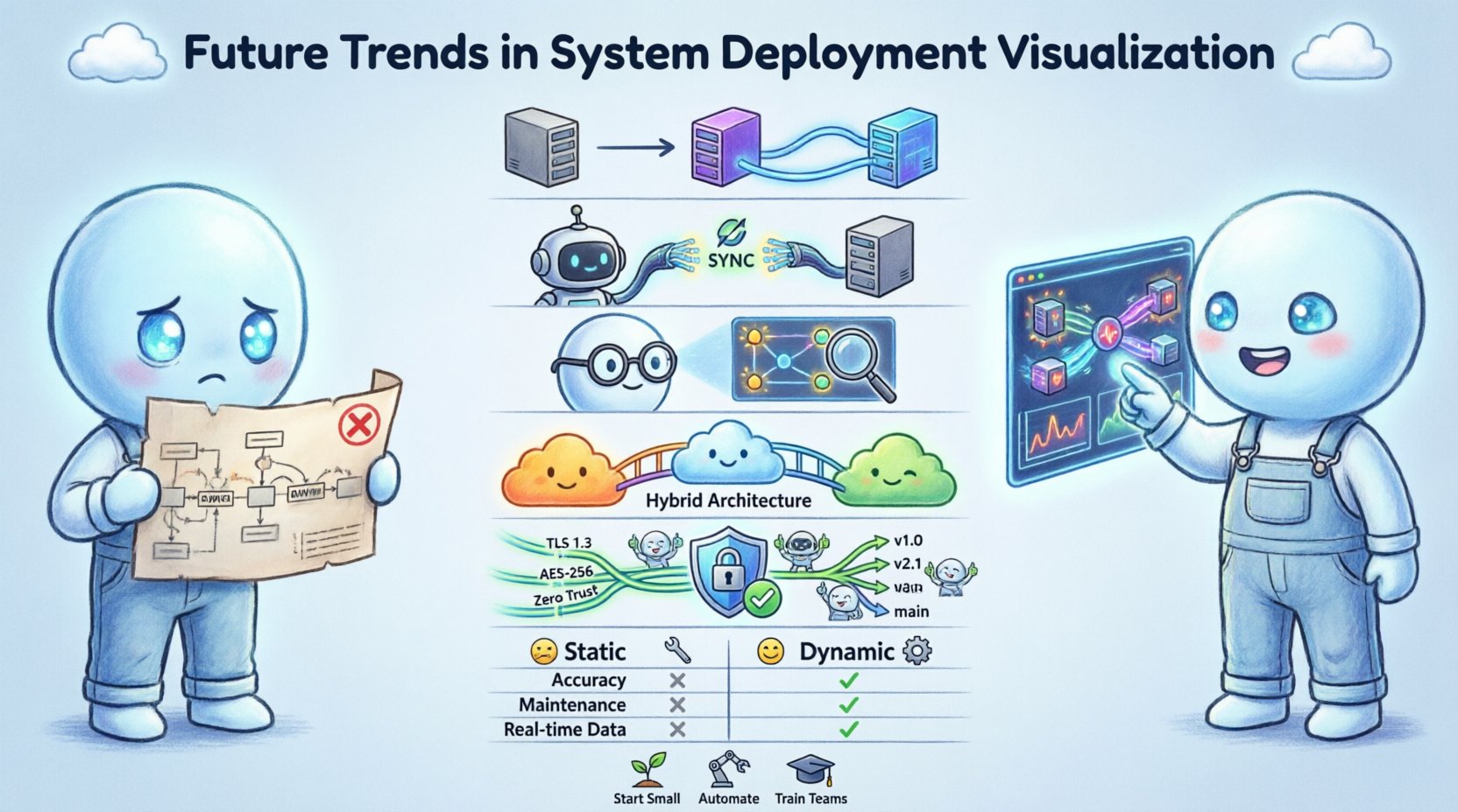 Chibi-style infographic illustrating future trends in system deployment visualization: evolution from static diagrams to dynamic real-time models, AI-powered topology analysis, cloud-native architecture mapping, security compliance visualization, and version-controlled collaboration - featuring cute characters, glowing dashboards, and visual comparisons for technical teams