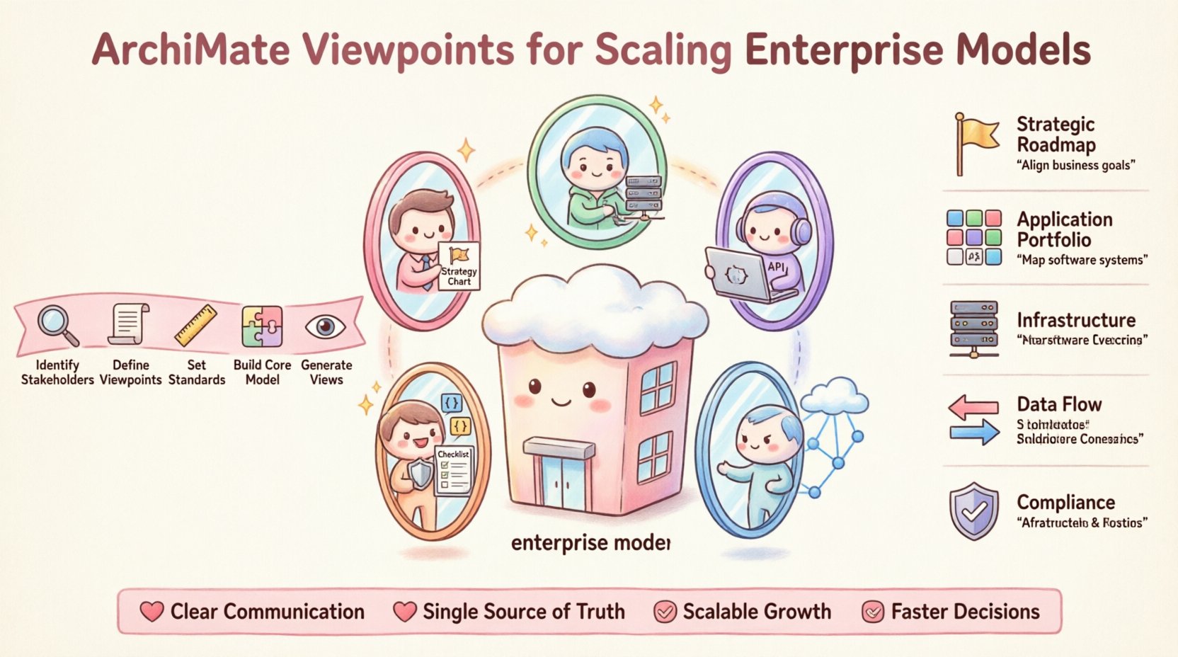 Cute kawaii-style infographic explaining ArchiMate viewpoints for scaling enterprise architecture, featuring pastel vector illustrations of stakeholder lenses, 5-step implementation workflow, and viewpoint comparison matrix with rounded shapes and soft colors