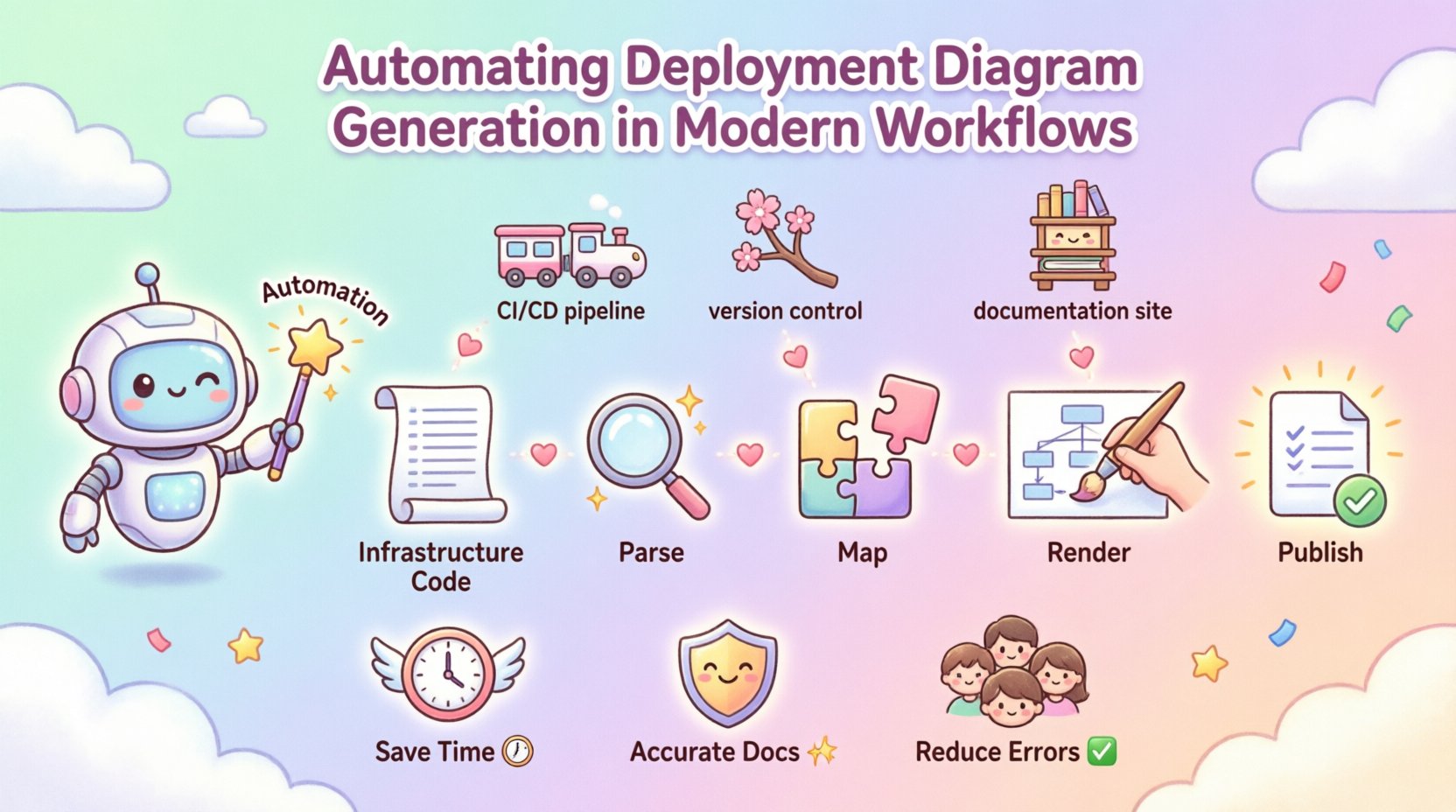 Kawaii-style infographic illustrating the automated deployment diagram generation workflow: showing infrastructure code parsing, relationship mapping, visual rendering, and publication steps with cute robot assistant, happy server nodes, and sparkly connectors; highlights benefits like time savings, reduced errors, and accurate documentation for modern DevOps teams