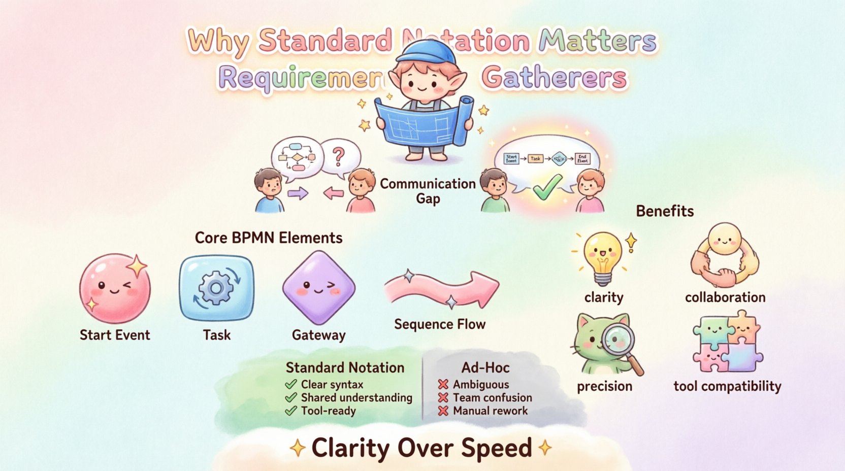 Kawaii-style infographic summarizing why standard BPMN notation matters for requirement gatherers, featuring cute icons for events, tasks, and gateways, benefits like clarity and collaboration, and a comparison of standard vs ad-hoc notation in soft pastel colors