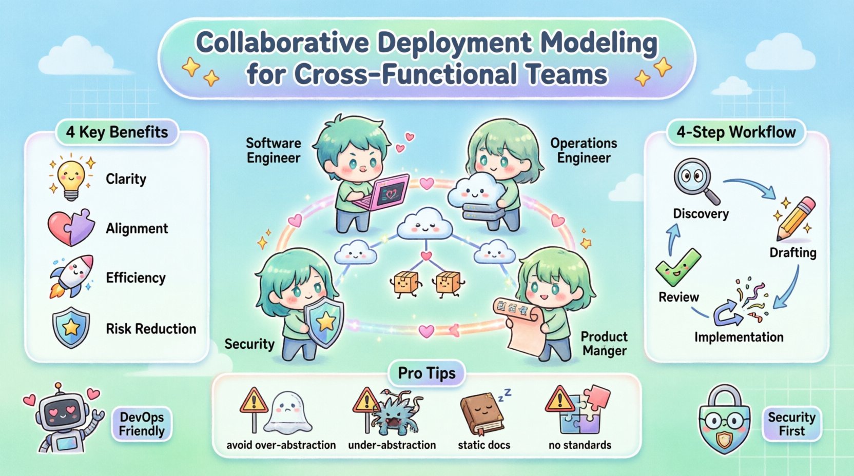 Kawaii-style infographic illustrating collaborative deployment modeling for cross-functional teams, featuring cute chibi characters representing software engineers, operations engineers, security specialists, and product managers working together around a deployment diagram with smiling cloud nodes, artifact boxes, and sparkly connections; includes four key benefits (clarity, alignment, efficiency, risk reduction), a 4-step workflow cycle (discovery, drafting, review, implementation), and pro tips to avoid common pitfalls, all rendered in soft pastel colors with rounded kawaii design elements