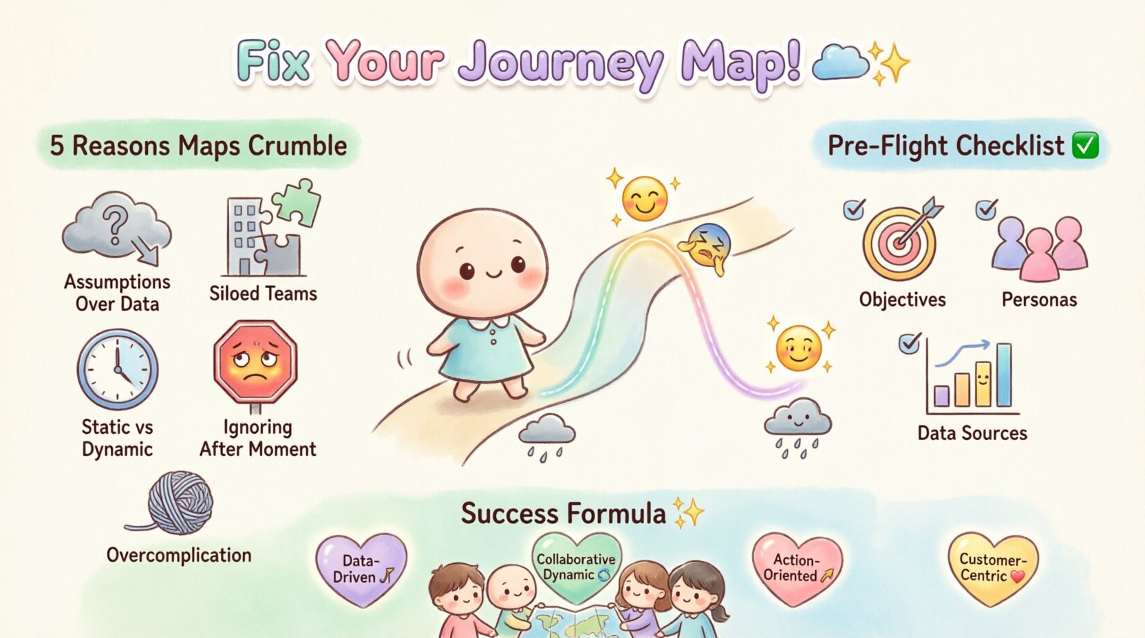 Kawaii-style infographic illustrating why customer journey mapping fails and how to fix it, featuring five common pitfalls (assumptions over data, siloed teams, static maps, ignoring post-purchase, overcomplication), a pre-flight checklist with objectives-personas-data, an emotional journey curve with cute character expressions, and five success pillars (data-driven, collaborative, dynamic, action-oriented, customer-centric) in soft pastel colors with rounded friendly design elements