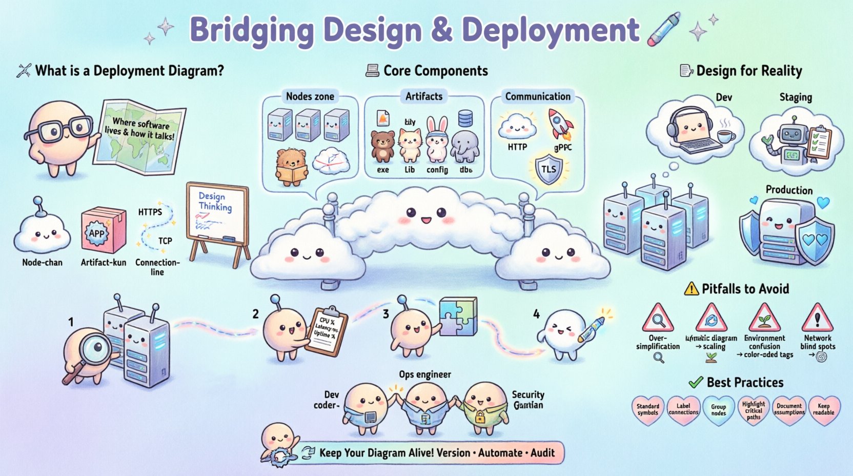 Kawaii-style infographic illustrating deployment diagrams for software architecture: shows cute cloud servers, software artifacts, and communication paths bridging design whiteboards to production deployment; covers core components (nodes, artifacts, protocols), design considerations (environment parity, network topology, security boundaries), 4-step workflow (inventory, requirements, mapping, validation), common pitfalls with solutions, team collaboration roles (dev/ops/security), and best practices checklist; pastel colors, rounded characters, playful visual hierarchy in 16:9 format for web use