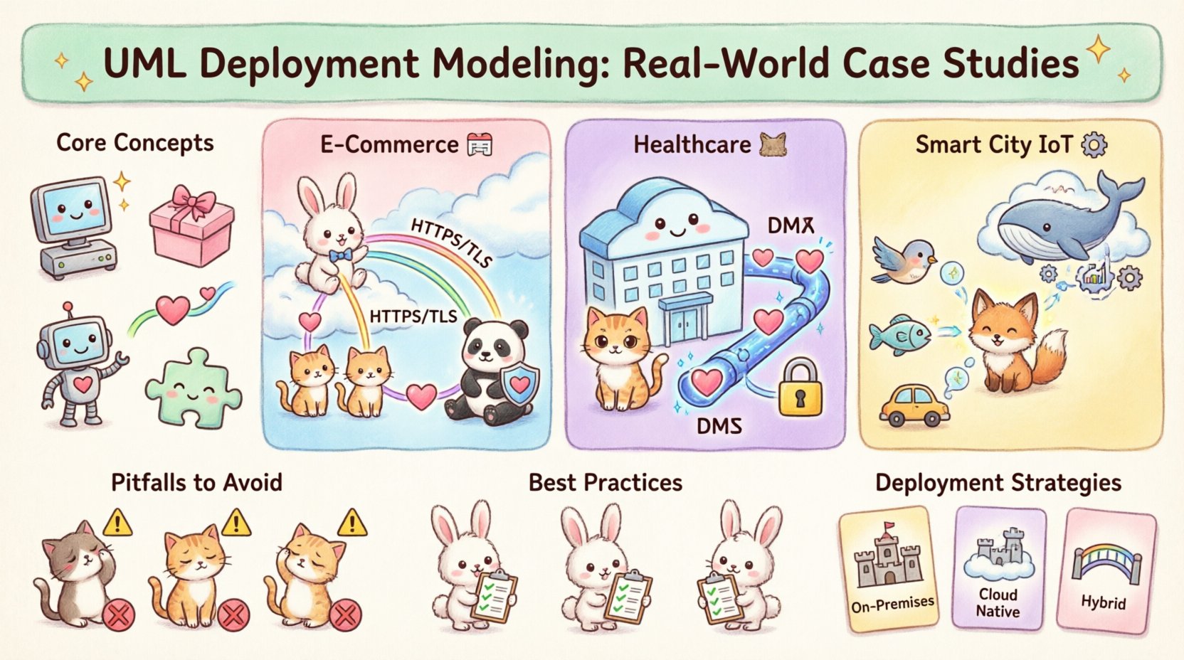 Kawaii-style infographic illustrating UML Deployment Modeling with three real-world case studies: e-commerce platform architecture with load balancers and database clusters, secure healthcare system with DMZ and encryption zones, and IoT smart city sensor network with edge computing; features cute icons for nodes, artifacts, and communication paths, plus best practices and deployment strategy comparisons in soft pastel colors
