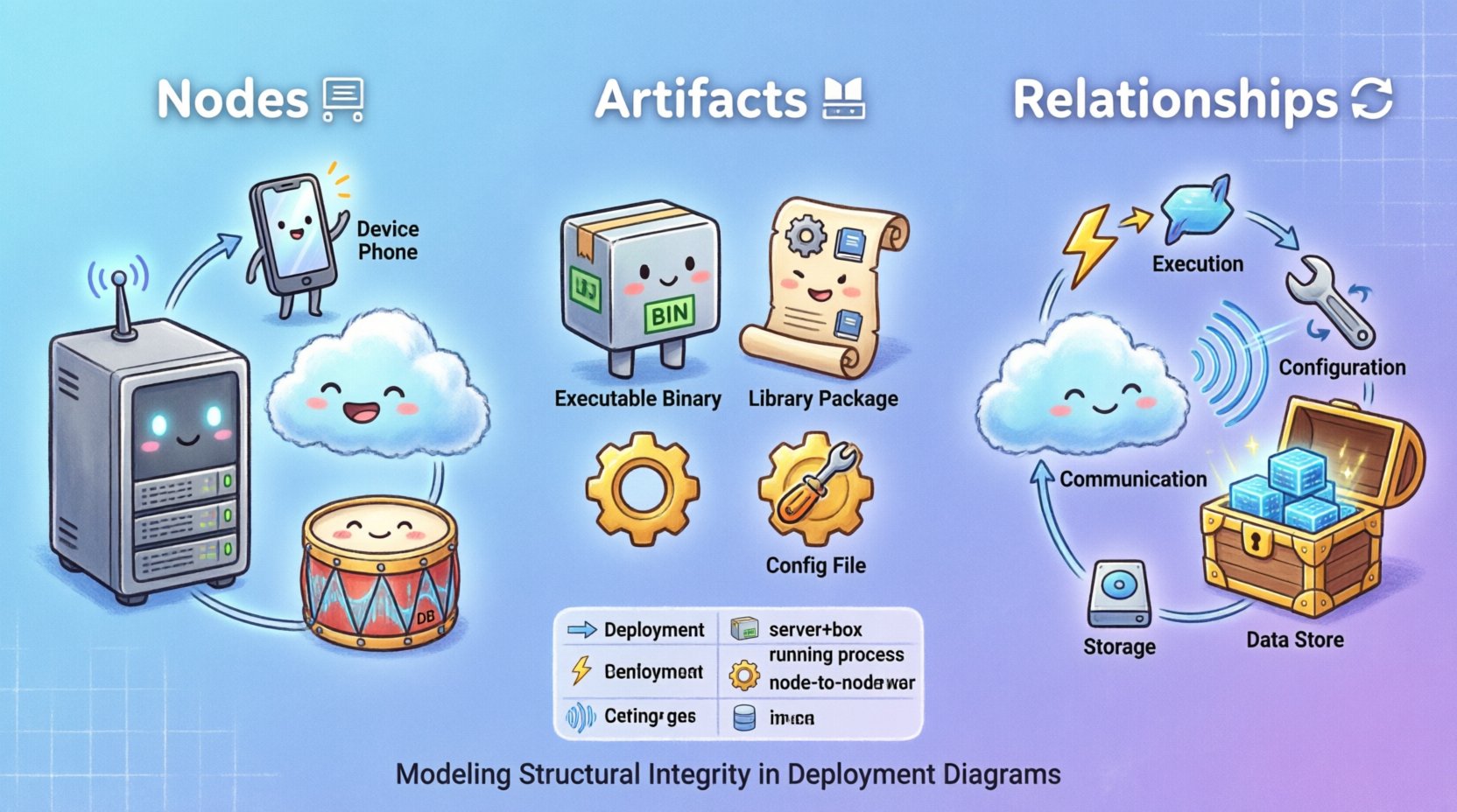 Chibi-style infographic illustrating node and artifact relationships in software deployment architecture, featuring cute character illustrations of servers, clouds, devices, and databases as nodes, alongside executable files, libraries, configs, and data as artifacts, with colorful arrows showing deployment, execution, configuration, communication, and storage relationships for intuitive understanding of system structural integrity