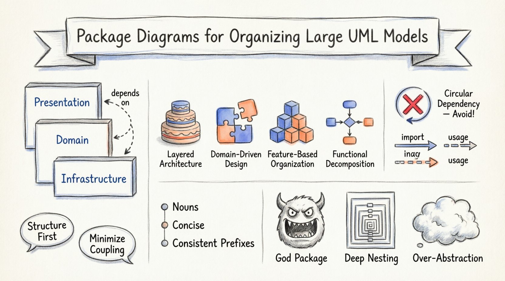 Hand-drawn infographic summarizing best practices for organizing large UML models using package diagrams, covering hierarchical strategies like layered and domain-driven design, dependency management techniques, naming conventions, common pitfalls to avoid, and key takeaways for scalable system architecture clarity
