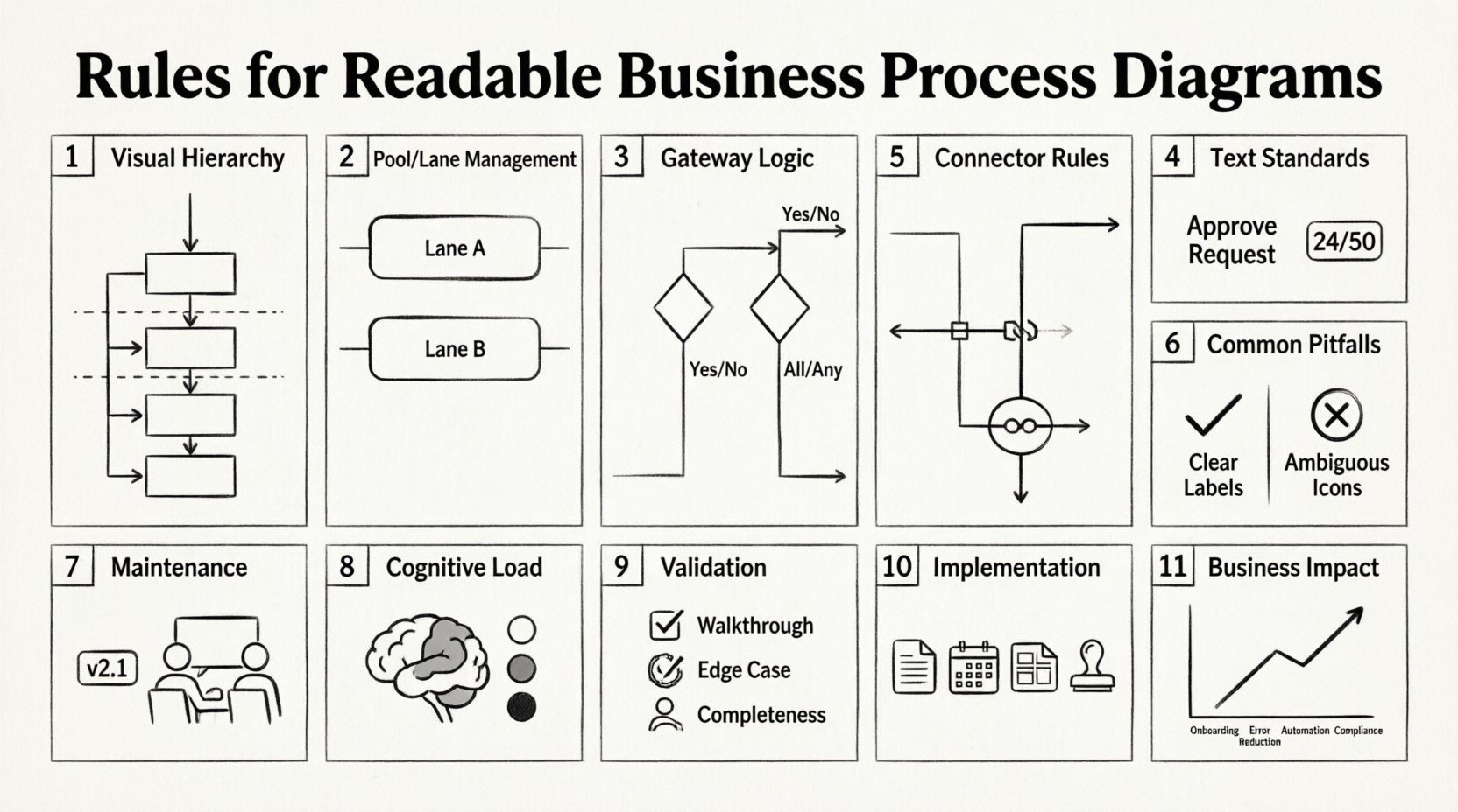 Line art infographic summarizing 11 essential rules for creating readable BPMN business process diagrams: visual hierarchy with directional flow and whitespace, pool and lane management for role clarity, gateway logic with XOR/AND symbols and labeled paths, verb-based concise text labeling standards, orthogonal connector routing with minimal crossings, common pitfalls comparison table, maintenance practices including versioning and peer review, cognitive load reduction through chunking and limited colors, validation steps with walkthroughs and edge case testing, implementation guidelines with style guides and templates, and business efficiency impacts like faster onboarding and fewer errors—all presented in clean minimalist black-and-white line art style on 16:9 layout