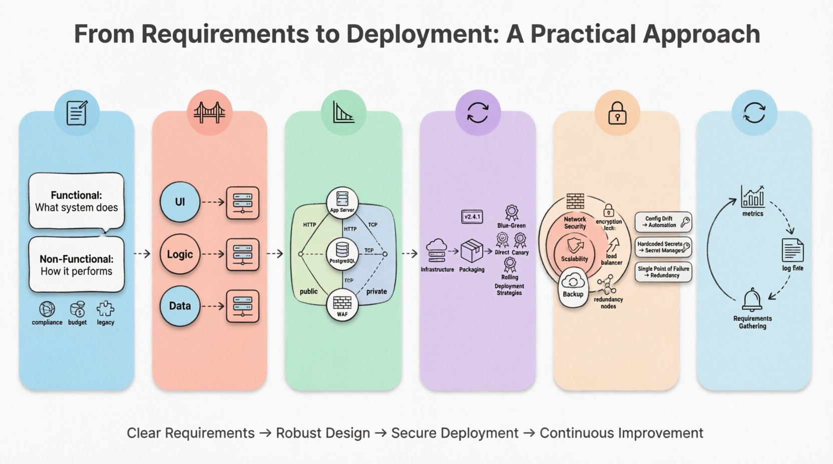 Infographic illustrating the 7-step software deployment journey: requirements gathering, logical-to-physical design, deployment diagram construction, execution workflow, security considerations, common pitfalls with solutions, and maintenance iteration. Features flat design with pastel colors, black-outlined icons, and rounded shapes showing the path from initial requirements to production deployment for students and social media.