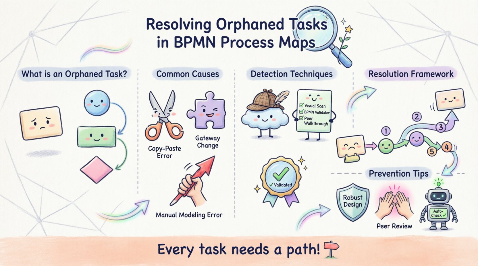 Whimsical infographic illustrating how to identify and resolve orphaned tasks in BPMN process maps, showing disconnected workflow elements, common causes like copy-paste errors, detection methods, and step-by-step resolution framework with playful cartoon-style BPMN symbols