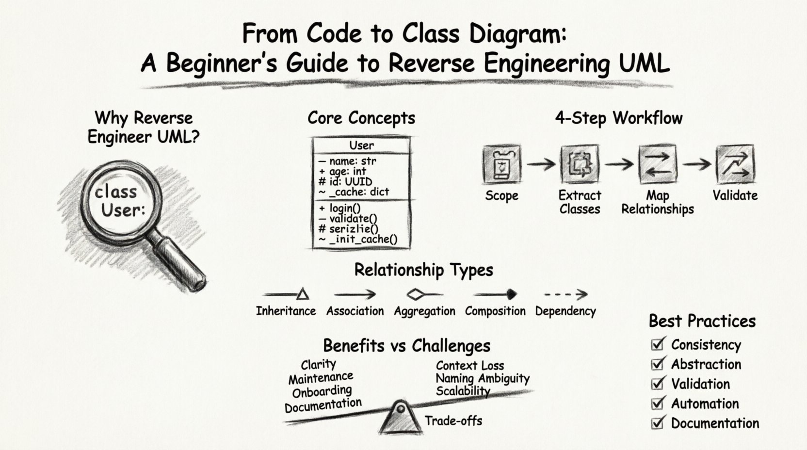 Charcoal sketch infographic: Beginner's guide to reverse engineering UML class diagrams from code, showing 4-step workflow (scope, extract classes, map relationships, validate), UML relationship symbols (inheritance, association, aggregation, composition, dependency), core concepts (visibility modifiers, class structure), benefits for maintenance and onboarding, challenges like scalability, and best practices checklist for accurate modeling