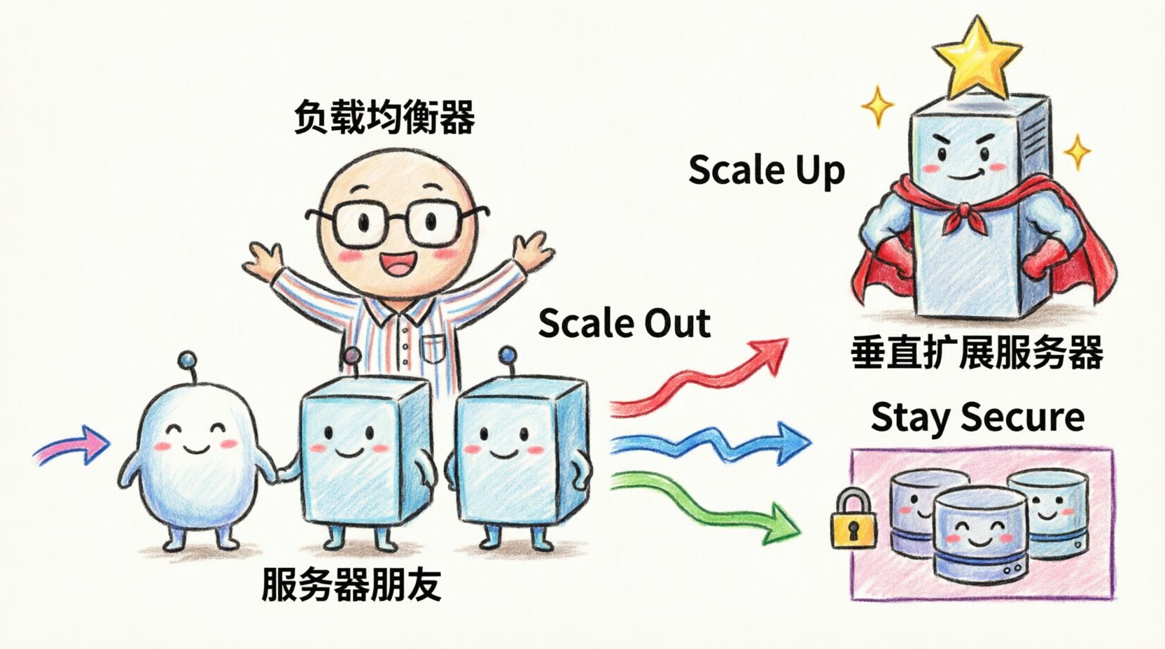 Child-style crayon drawing infographic illustrating best practices for scalable deployment diagrams: cute cartoon servers showing horizontal and vertical scaling, load balancers, security zones with lock icons, database nodes, data flow arrows, and cloud infrastructure concepts for engineering teams