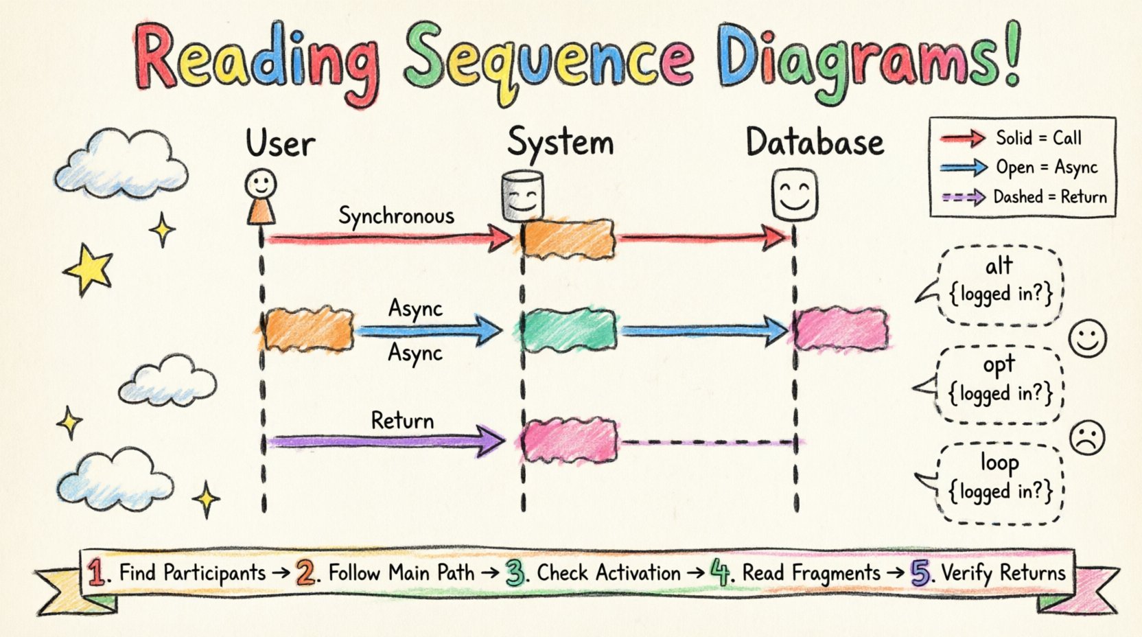 Child's drawing style infographic explaining how to read UML sequence diagrams, featuring colorful hand-drawn lifelines, message arrows, activation bars, and combined fragments like alt and loop, with playful crayon textures and simple step-by-step visual guide for understanding messages, control flow, and system interactions