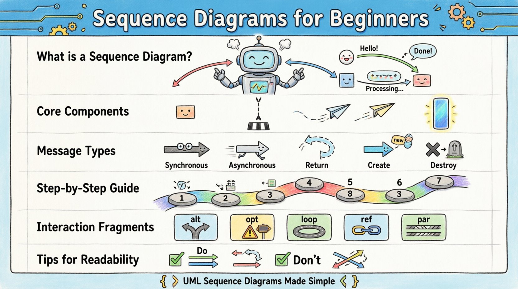 Cartoon-style 16:9 infographic teaching sequence diagrams for beginners: illustrates UML core components including participants, lifelines, synchronous/asynchronous messages, activation bars, and return arrows; features step-by-step construction guide, interaction fragments (alt, opt, loop, ref, par), readability tips, and common mistakes to avoid; designed with colorful playful characters and clear visual hierarchy to help new developers visualize object interactions in software systems