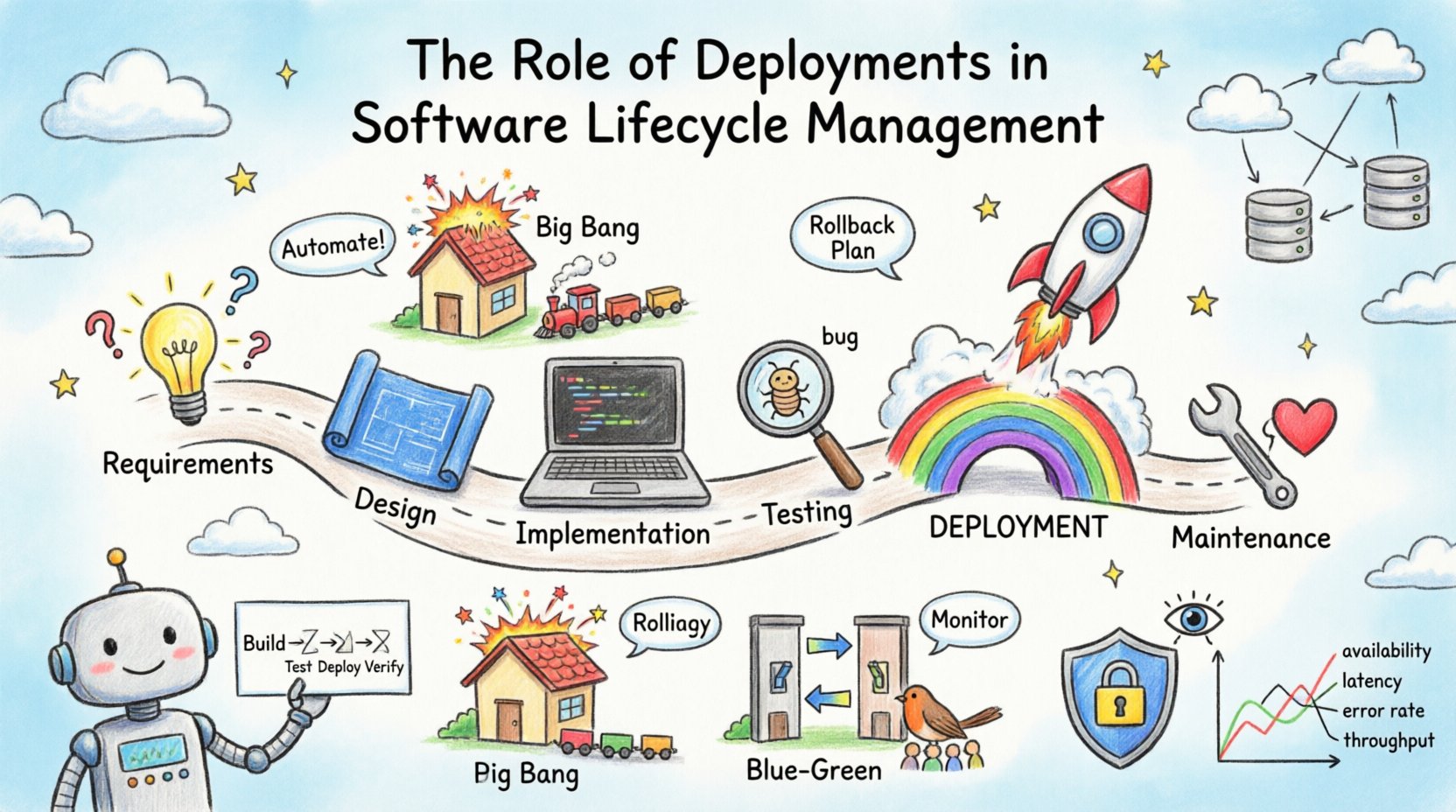Child-style hand-drawn infographic illustrating software deployment lifecycle management, showing the six-stage journey from requirements to maintenance, deployment as a central bridge, four deployment strategies (Big Bang, Rolling, Blue-Green, Canary), CI/CD automation pipeline with robot character, security shields, monitoring metrics dashboard, and deployment diagram topology, all rendered in bright crayon colors with playful handwritten labels for educational clarity
